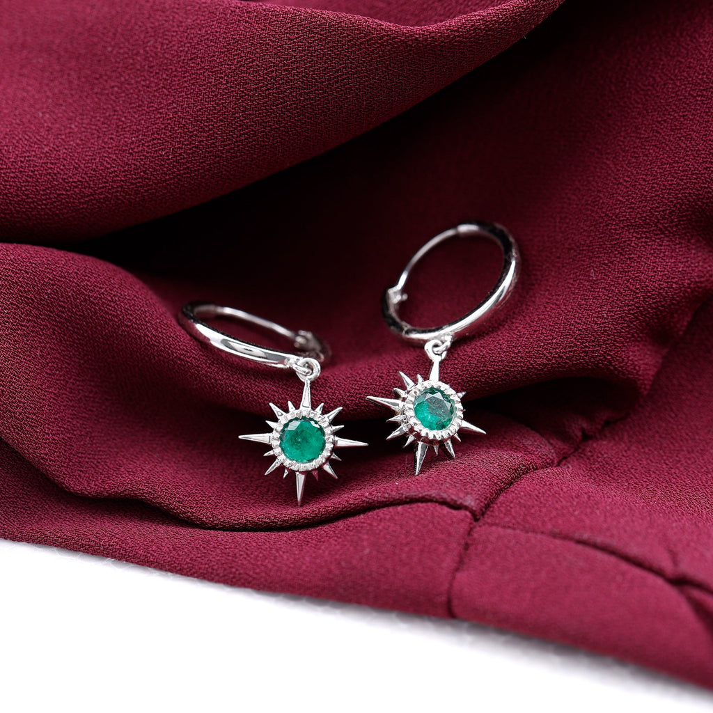 Real Emerald Sunburst Hoop Drop Earrings with Certificate
