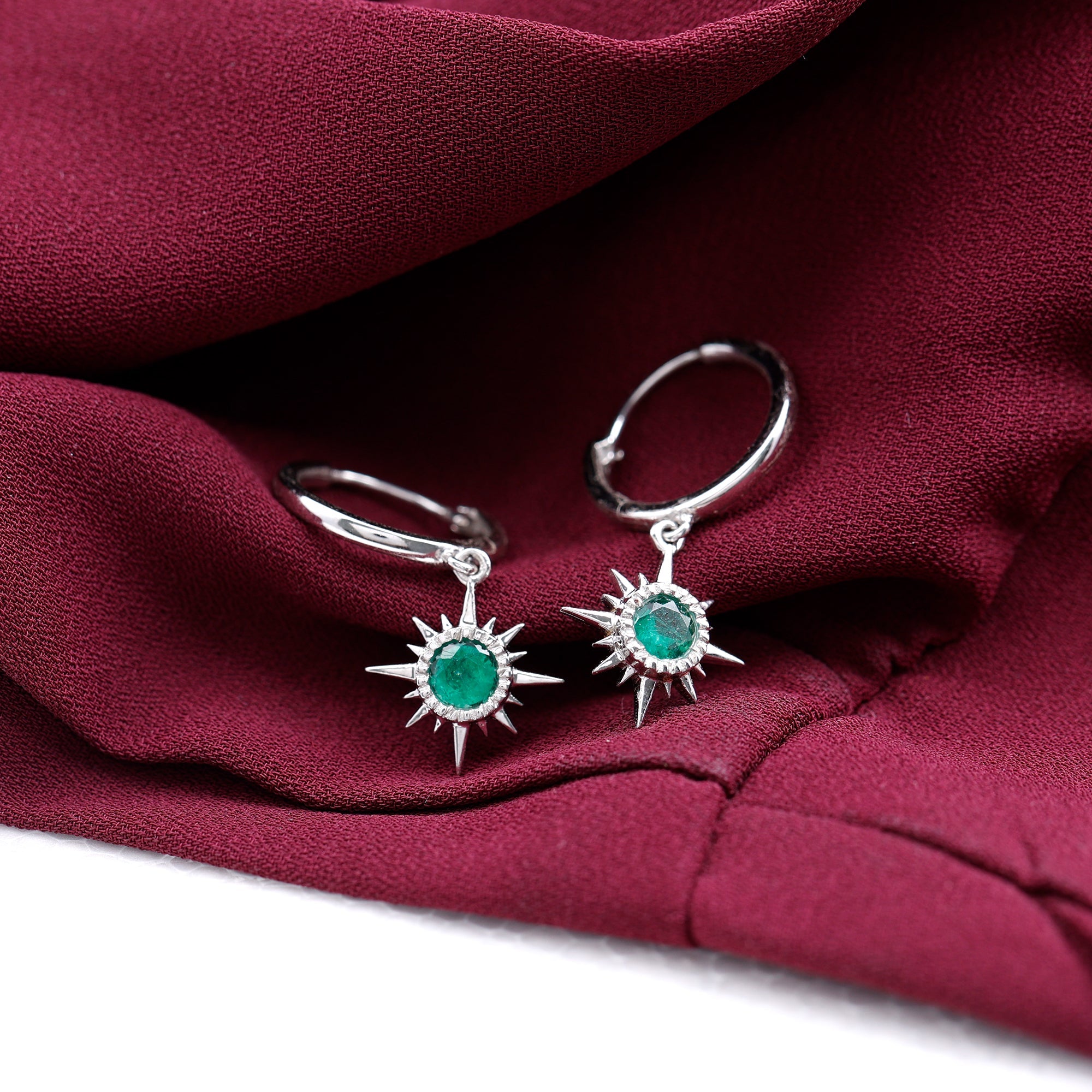 Real Emerald Sunburst Hoop Drop Earrings with Certificate