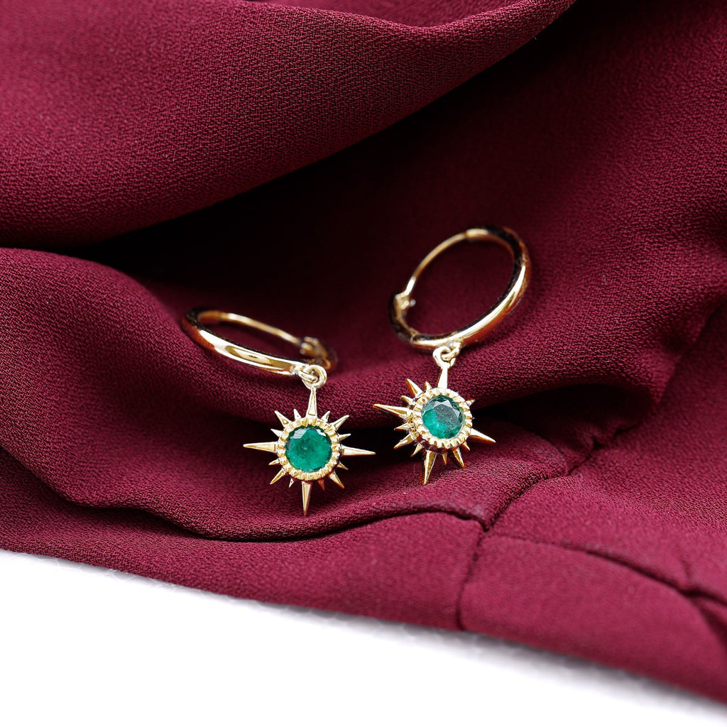 Real Emerald Sunburst Hoop Drop Earrings with Certificate