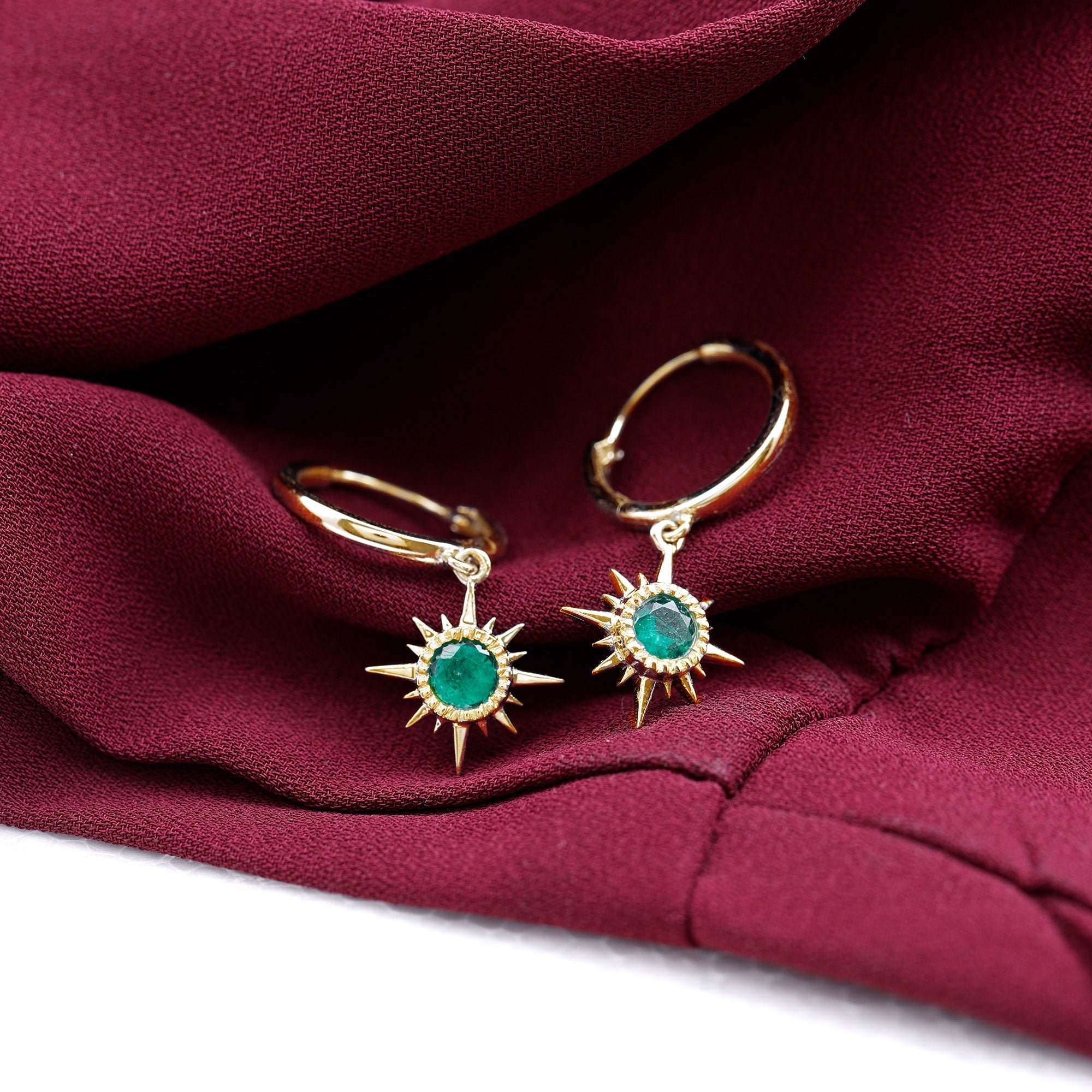 Real Emerald Sunburst Hoop Drop Earrings with Certificate