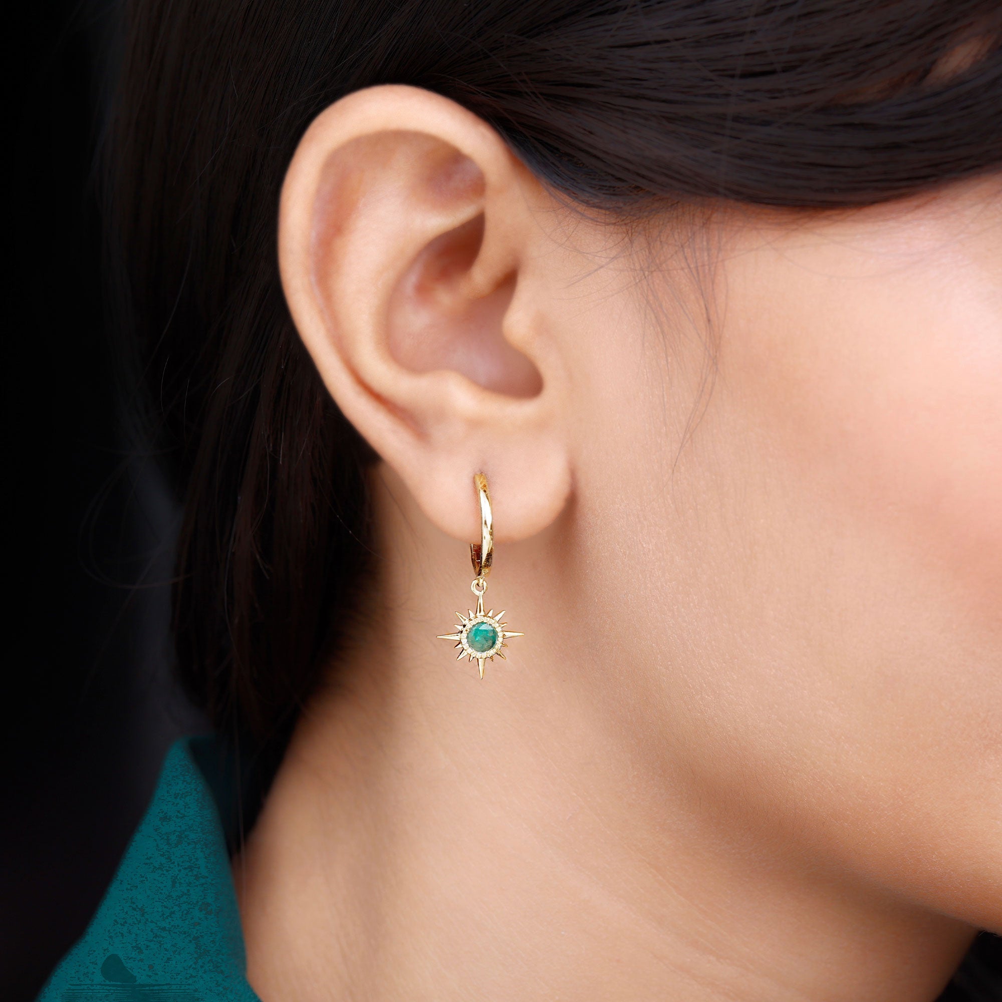 Real Emerald Sunburst Hoop Drop Earrings with Certificate