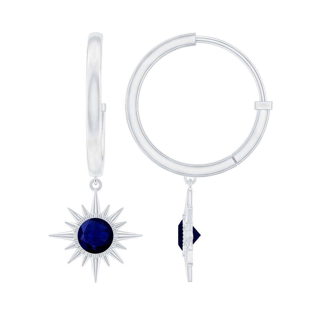 3/4 CT Milgrain Bezel Set Blue Sapphire Sunburst Drop Hoop Earrings for Women