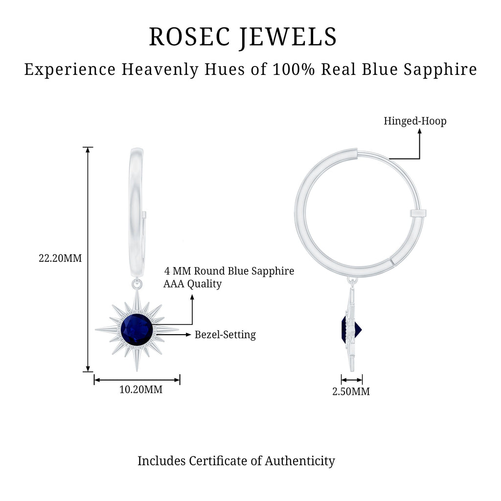 3/4 CT Milgrain Bezel Set Blue Sapphire Sunburst Drop Hoop Earrings for Women