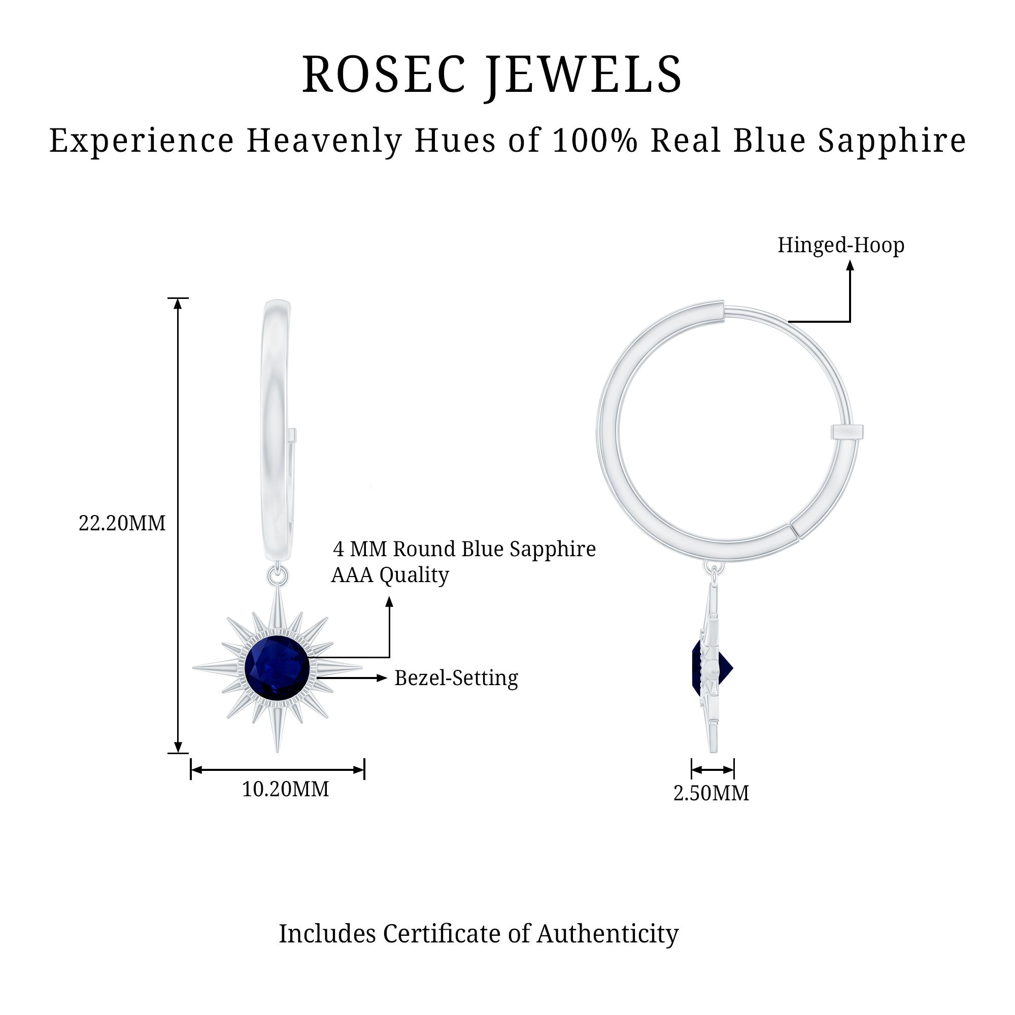 3/4 CT Milgrain Bezel Set Blue Sapphire Sunburst Drop Hoop Earrings for Women