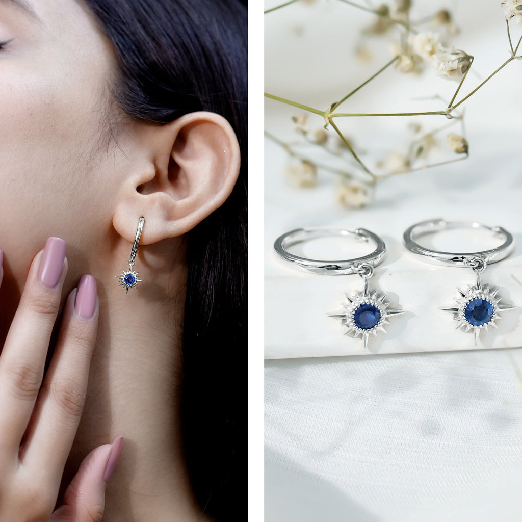 3/4 CT Milgrain Bezel Set Blue Sapphire Sunburst Drop Hoop Earrings for Women