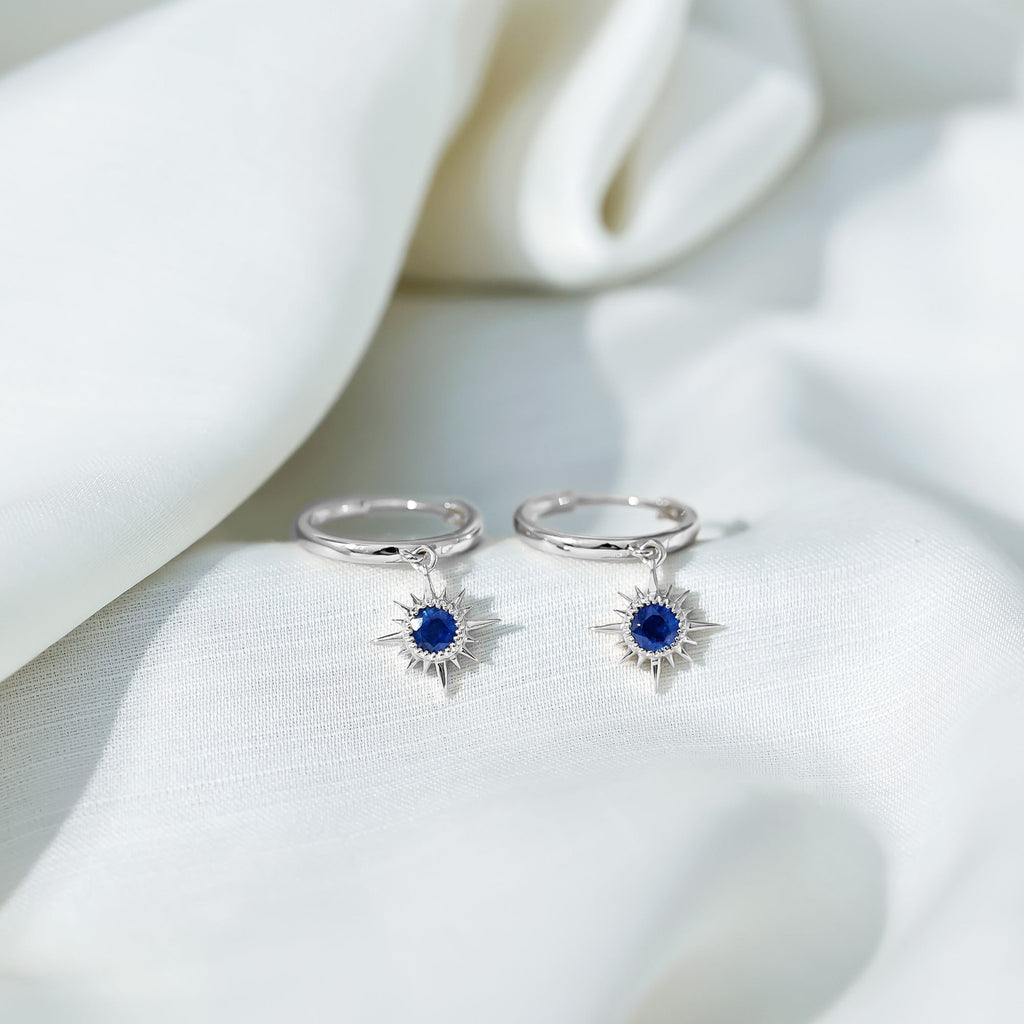 3/4 CT Milgrain Bezel Set Blue Sapphire Sunburst Drop Hoop Earrings for Women