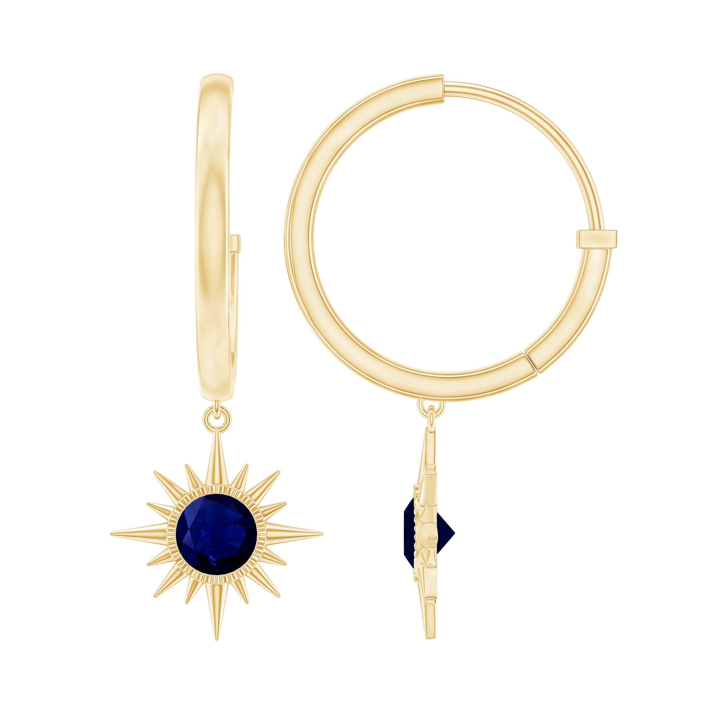 3/4 CT Milgrain Bezel Set Blue Sapphire Sunburst Drop Hoop Earrings for Women