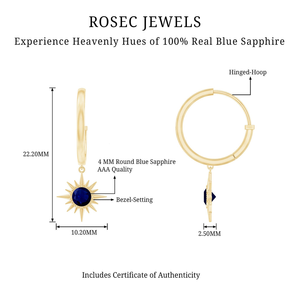 3/4 CT Milgrain Bezel Set Blue Sapphire Sunburst Drop Hoop Earrings for Women