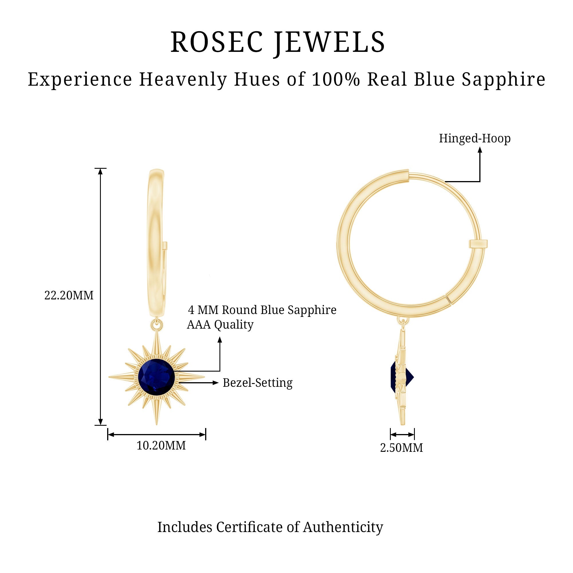 3/4 CT Milgrain Bezel Set Blue Sapphire Sunburst Drop Hoop Earrings for Women