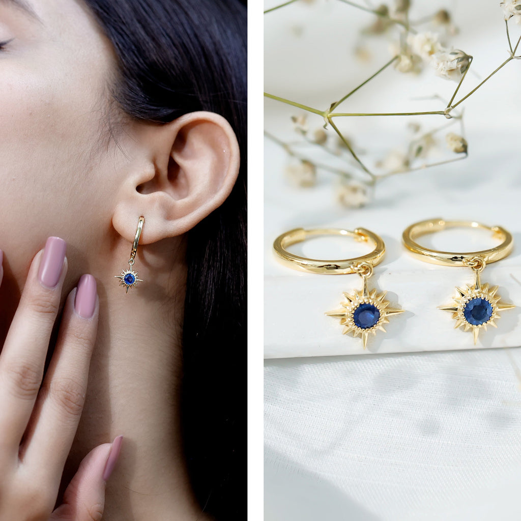 3/4 CT Milgrain Bezel Set Blue Sapphire Sunburst Drop Hoop Earrings for Women
