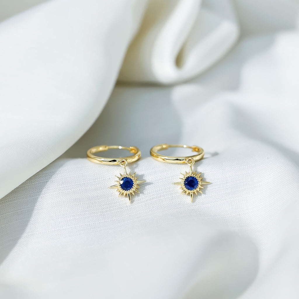 3/4 CT Milgrain Bezel Set Blue Sapphire Sunburst Drop Hoop Earrings for Women