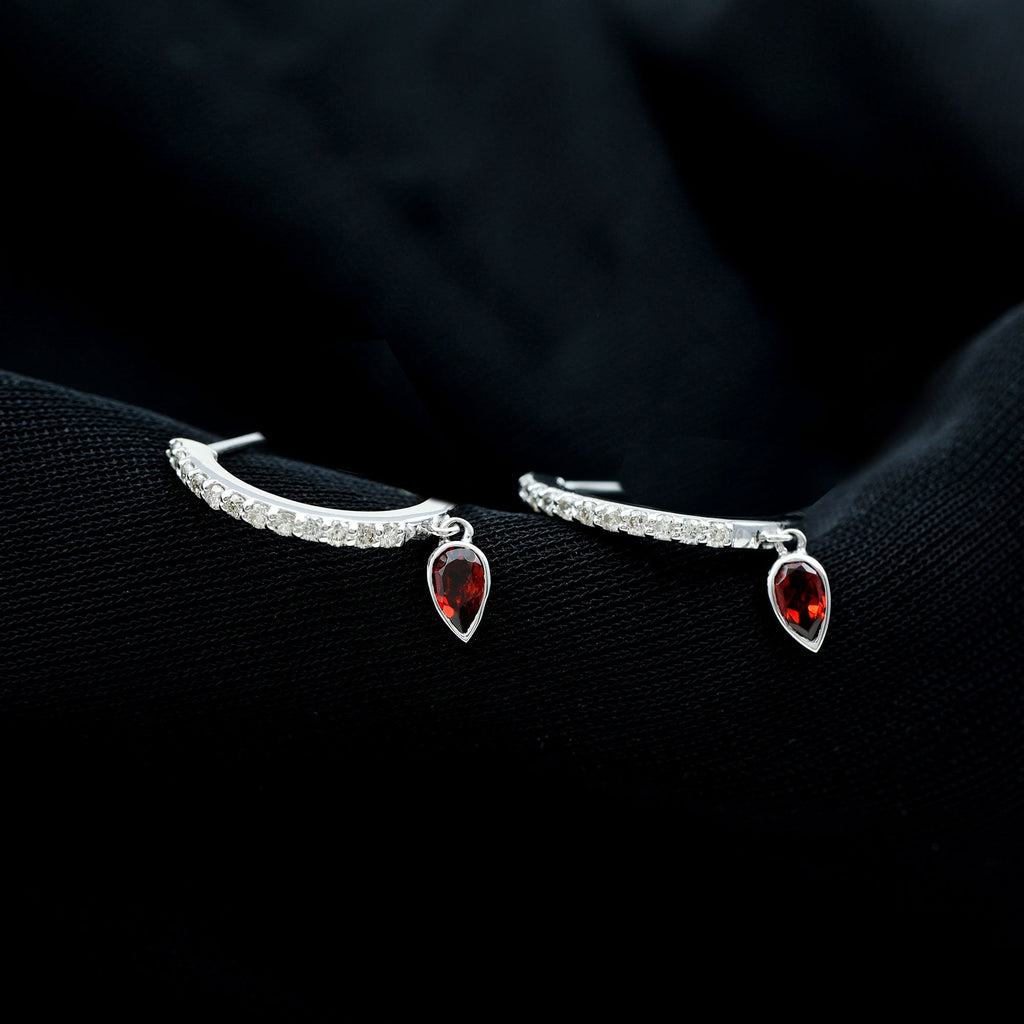 Genuine Garnet Teardrop Hoop Earrings with Diamonds