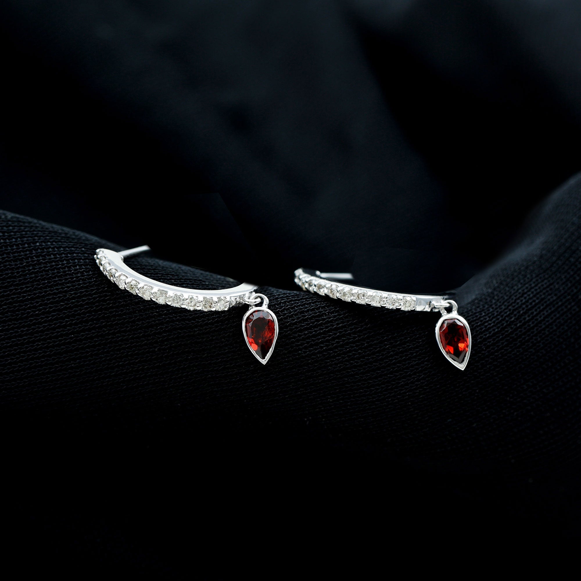 Genuine Garnet Teardrop Hoop Earrings with Diamonds