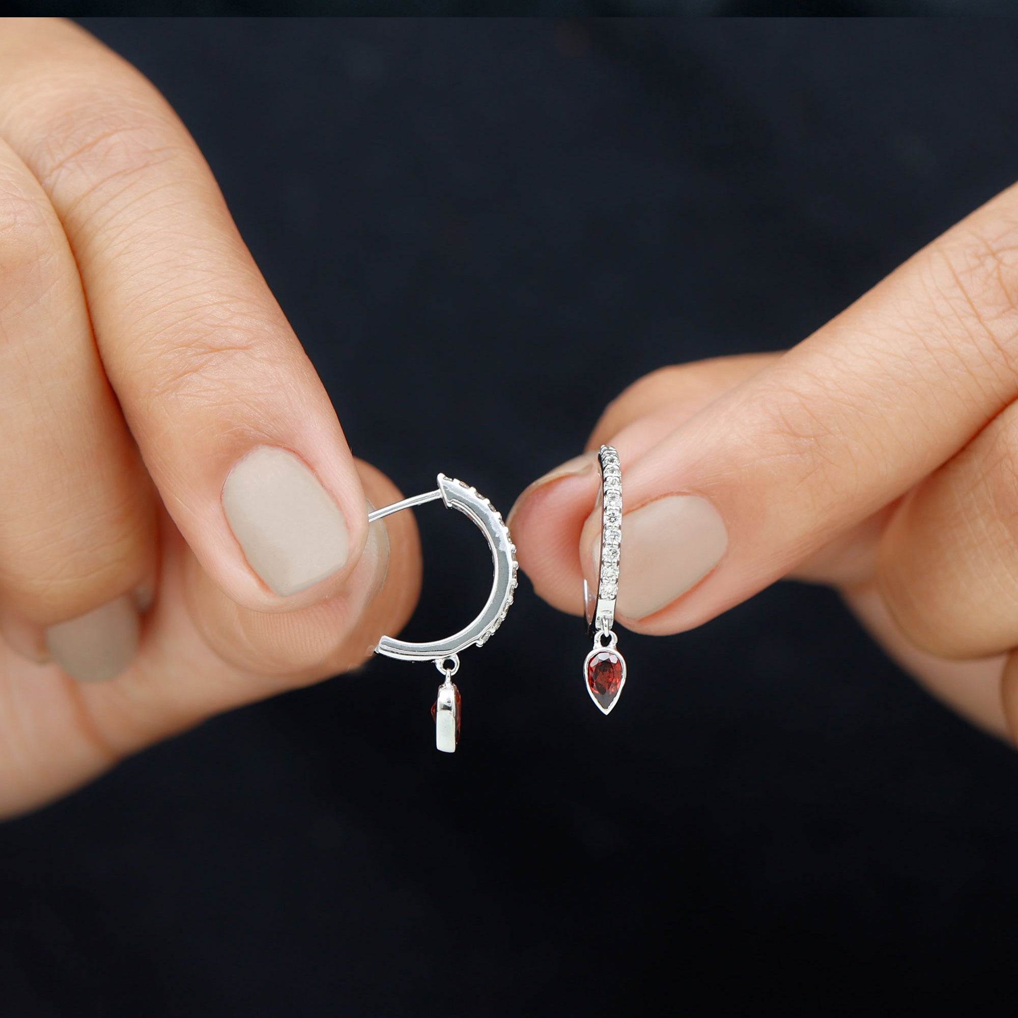 Genuine Garnet Teardrop Hoop Earrings with Diamonds