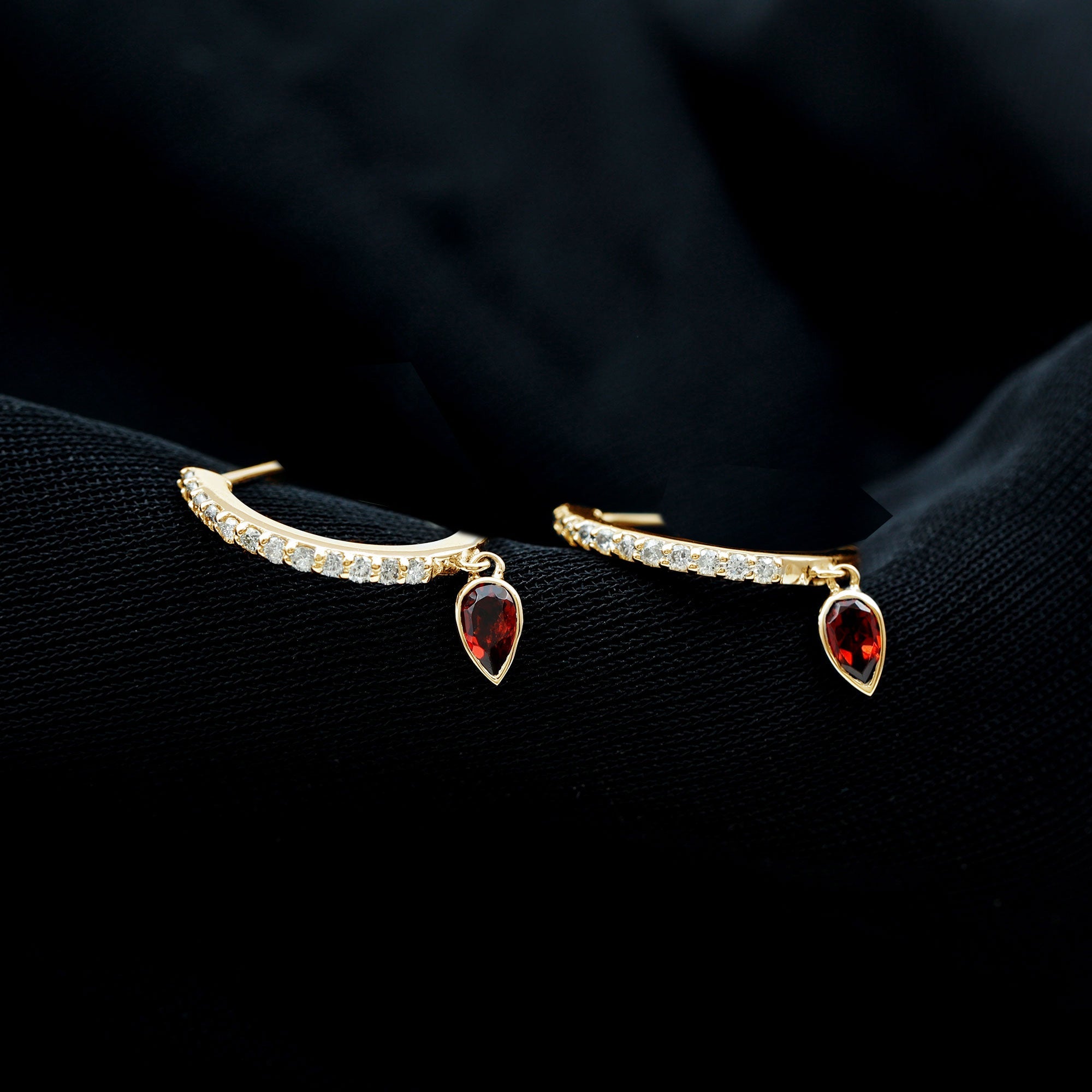 Genuine Garnet Teardrop Hoop Earrings with Diamonds