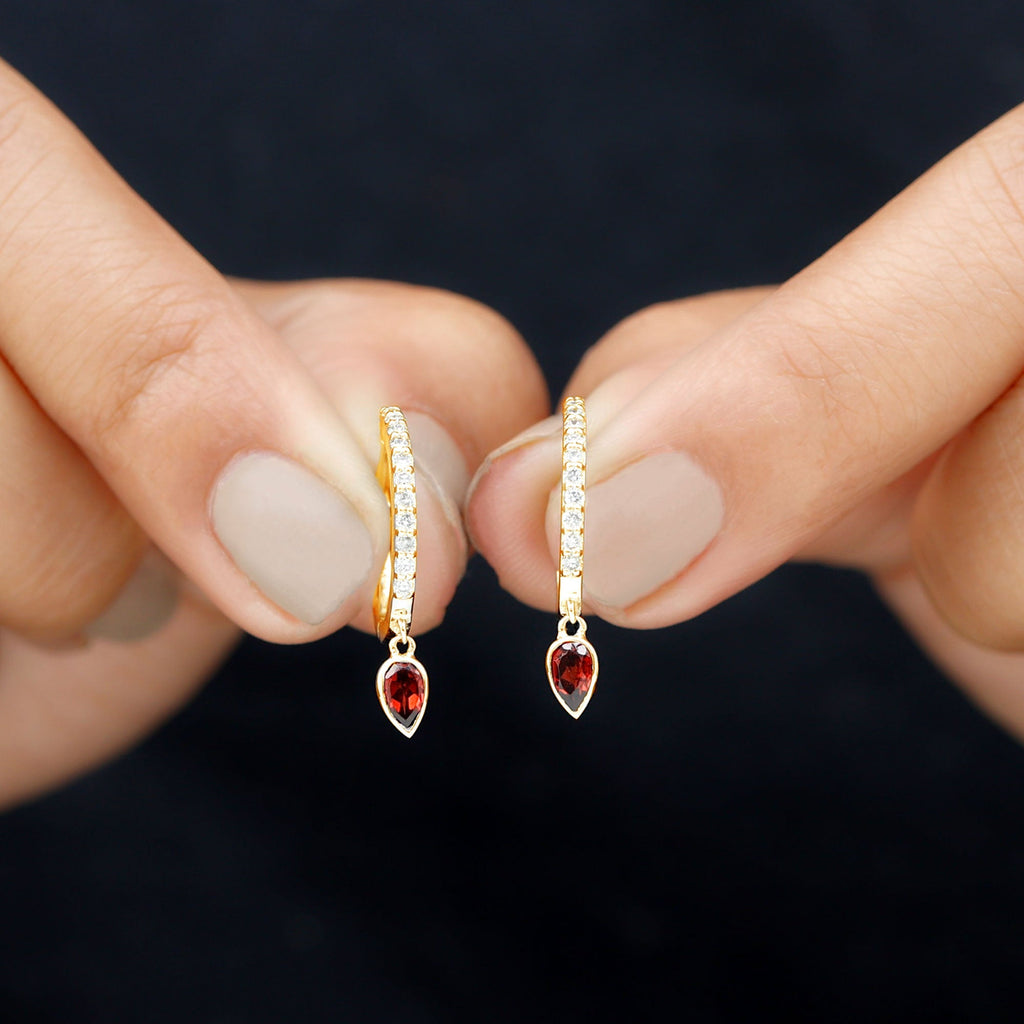Genuine Garnet Teardrop Hoop Earrings with Diamonds