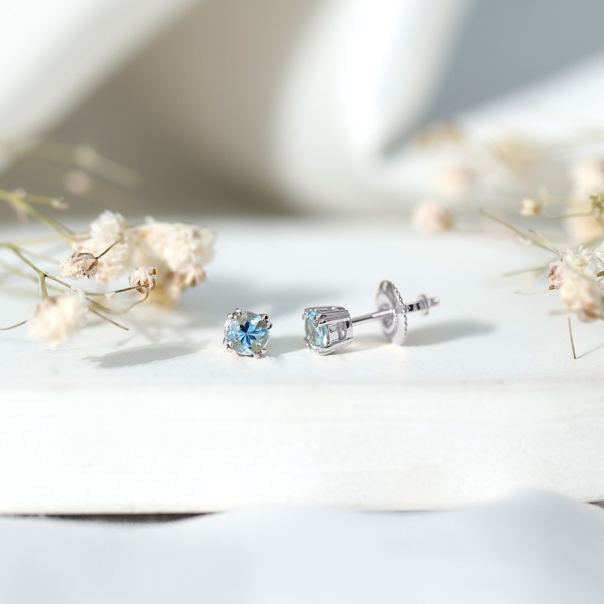 4MM Genuine Aquamarine Solitaire Stud Earrings in Double Claw Prong Setting