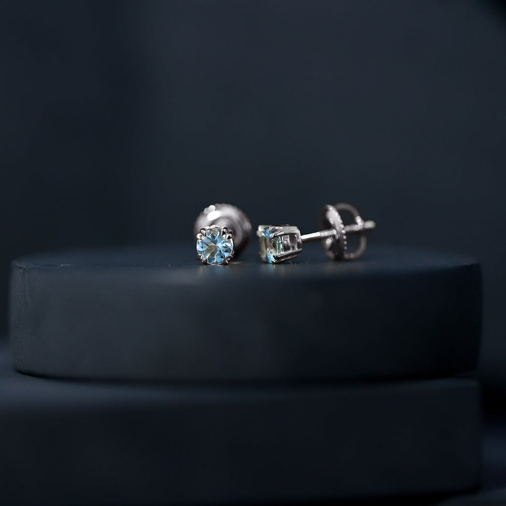 4MM Genuine Aquamarine Solitaire Stud Earrings in Double Claw Prong Setting
