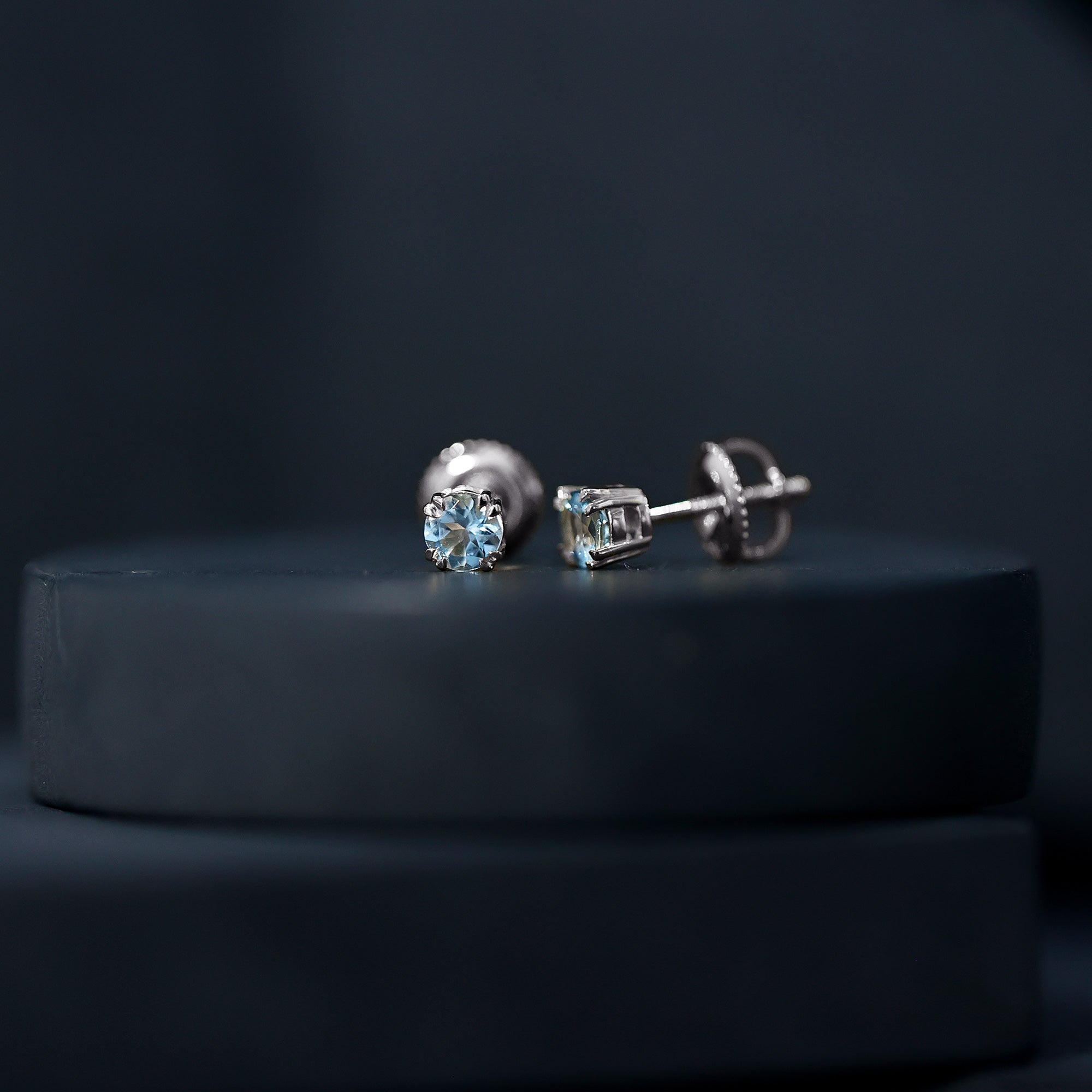 4MM Genuine Aquamarine Solitaire Stud Earrings in Double Claw Prong Setting