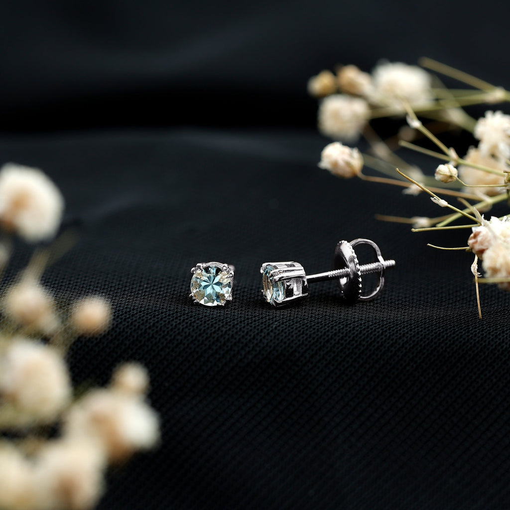 4MM Genuine Aquamarine Solitaire Stud Earrings in Double Claw Prong Setting