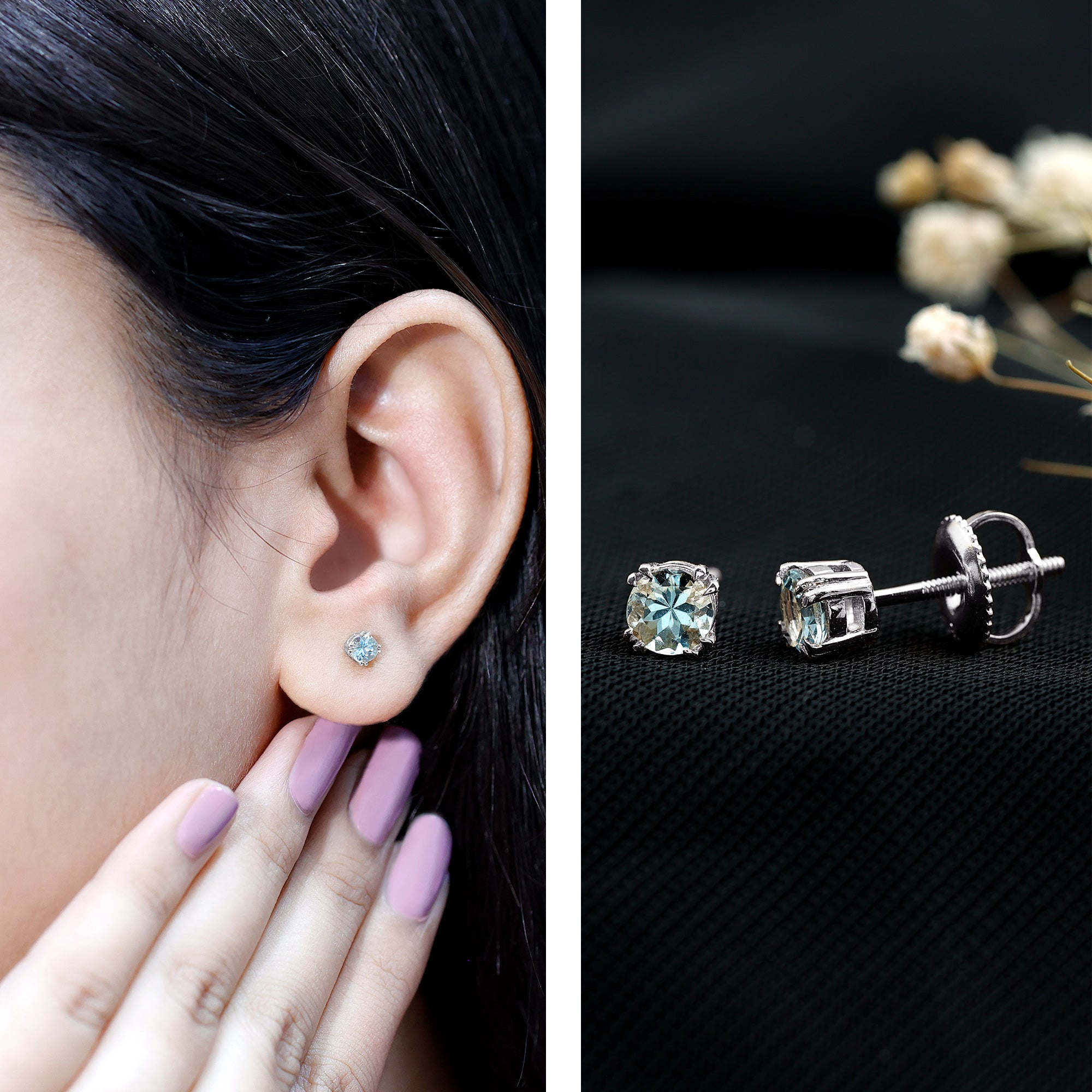 4MM Genuine Aquamarine Solitaire Stud Earrings in Double Claw Prong Setting