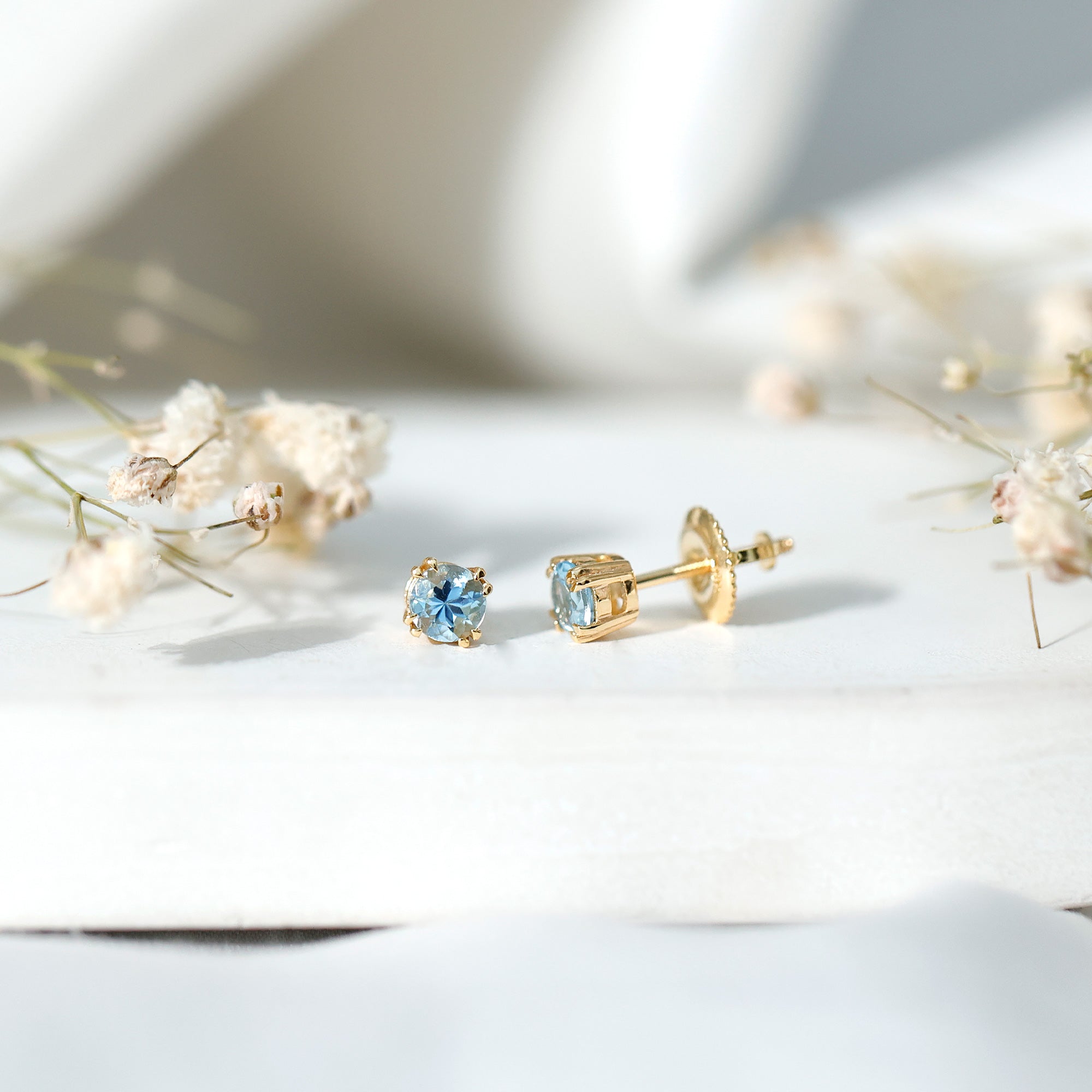 4MM Genuine Aquamarine Solitaire Stud Earrings in Double Claw Prong Setting