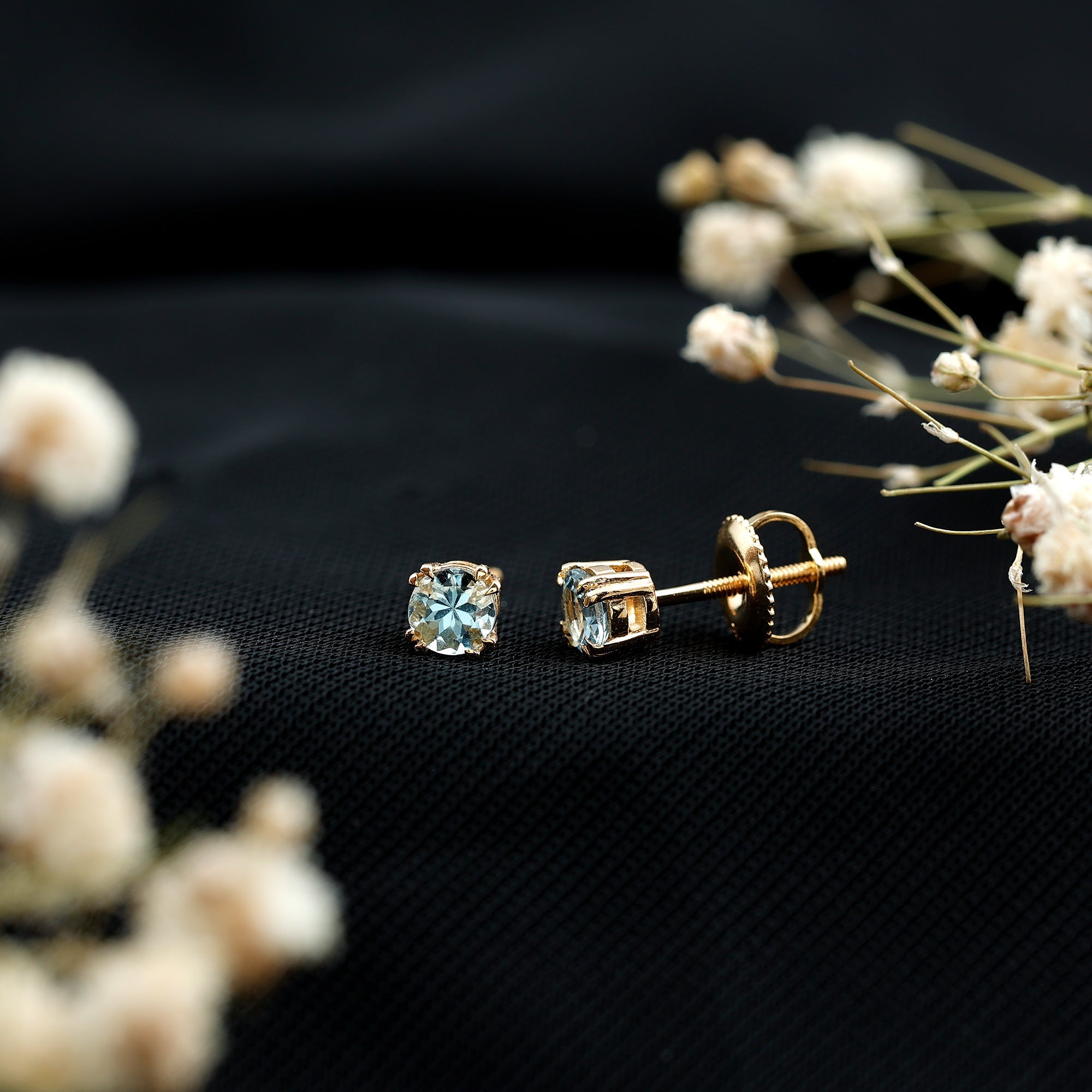 4MM Genuine Aquamarine Solitaire Stud Earrings in Double Claw Prong Setting