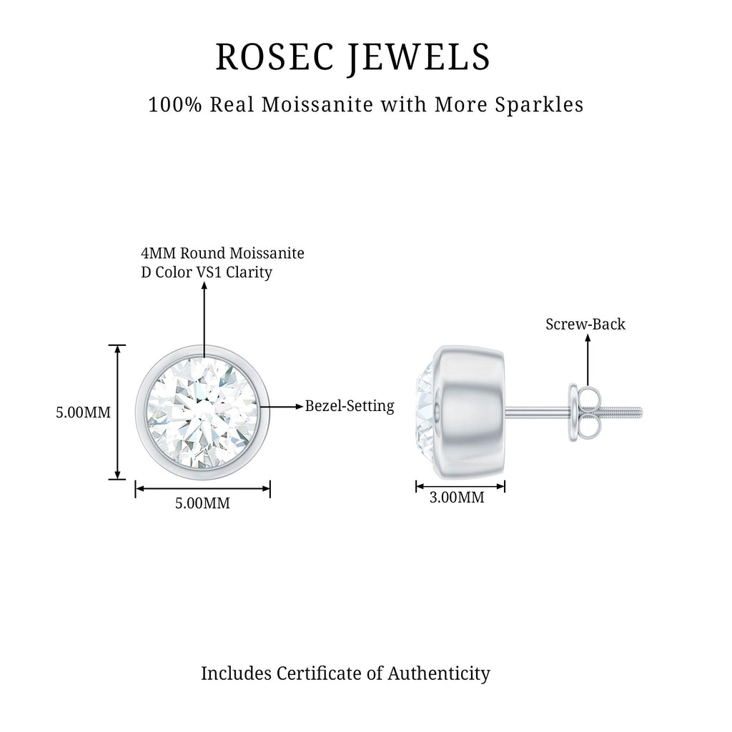 Certified Moissanite Solitaire Stud Earrings in Bezel Setting