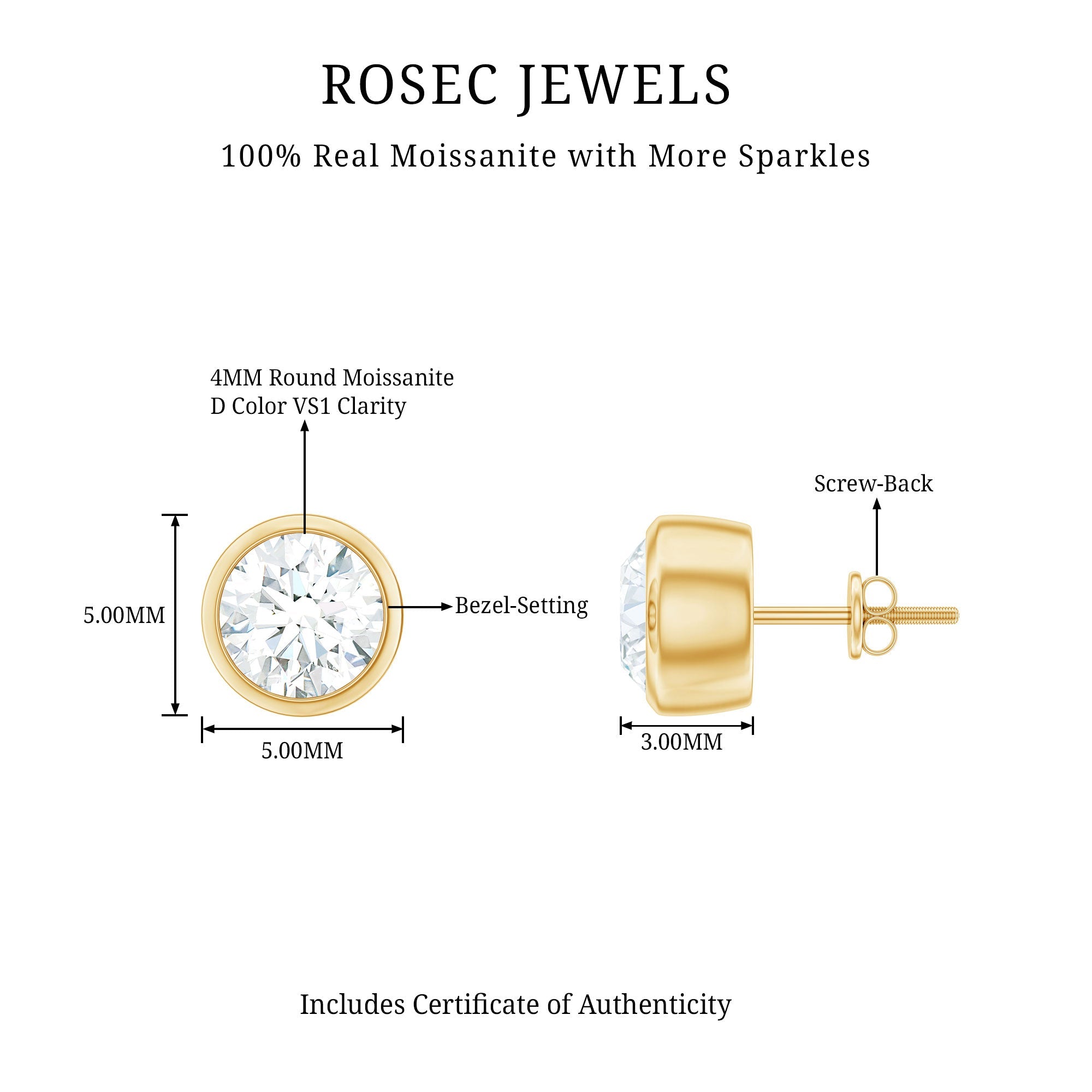 Certified Moissanite Solitaire Stud Earrings in Bezel Setting