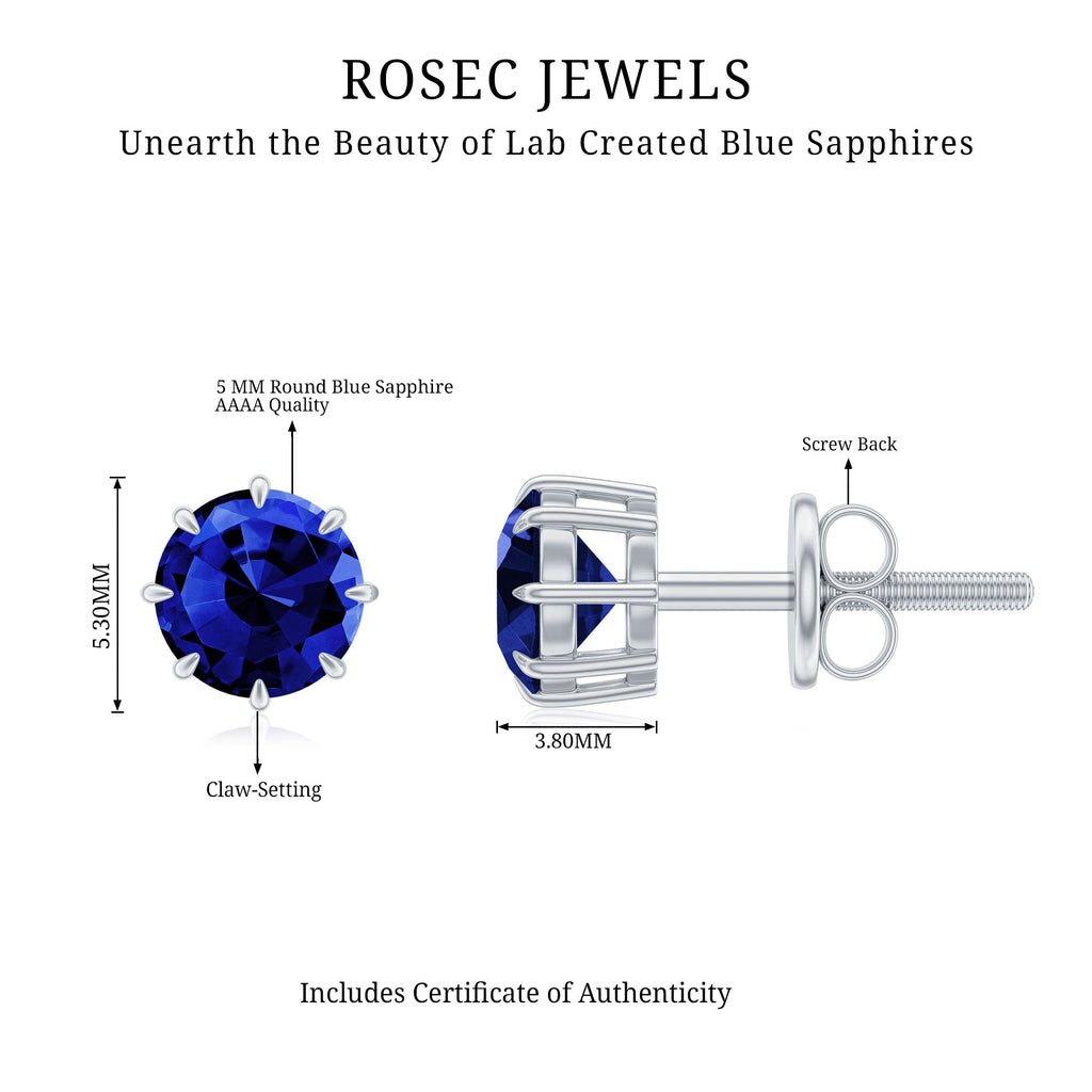Lab Created Round Blue Sapphire Solitaire Stud Earrings in Claw Setting