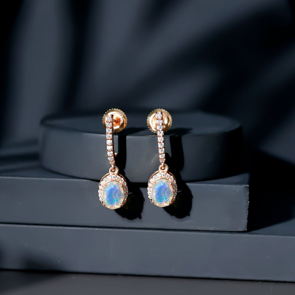 Natural Ethiopian Opal Hoop Drop Earrings with Moissanite