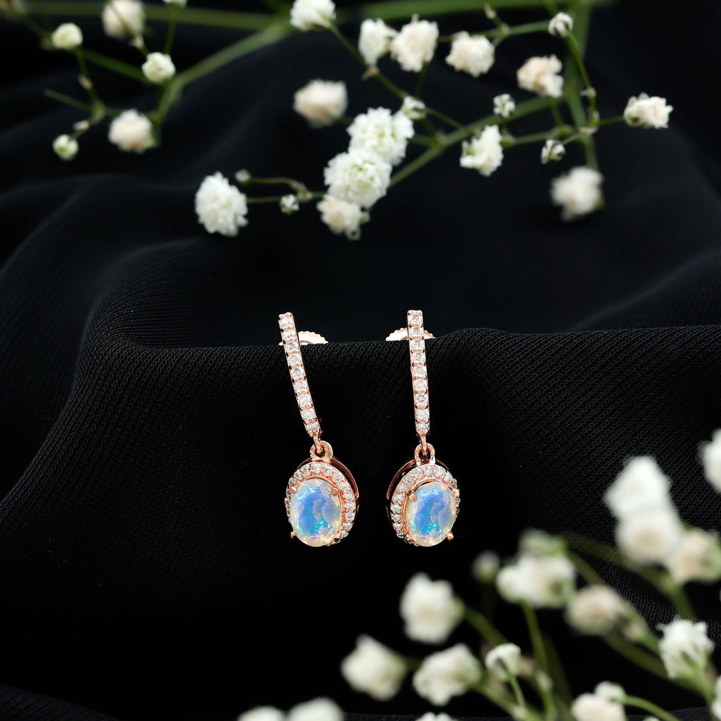 Natural Ethiopian Opal Hoop Drop Earrings with Moissanite