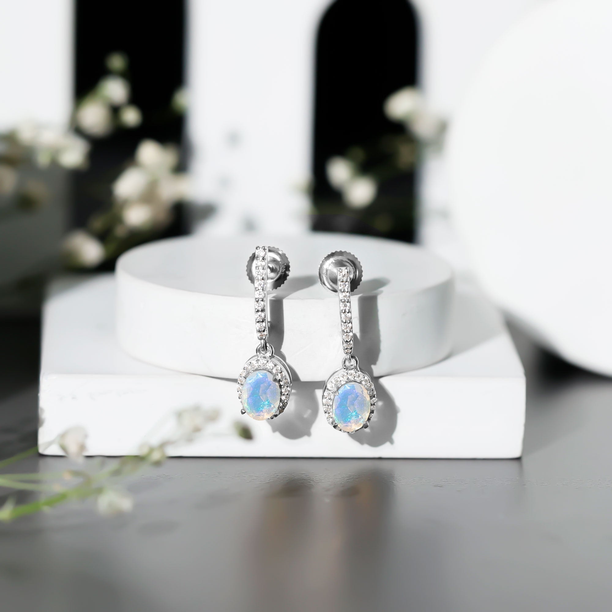 Natural Ethiopian Opal Hoop Drop Earrings with Moissanite