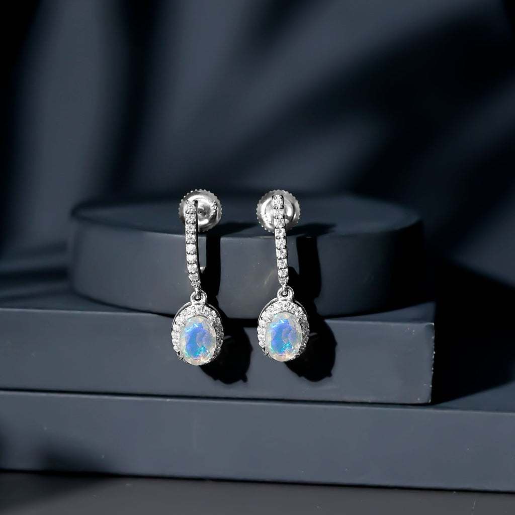 Natural Ethiopian Opal Hoop Drop Earrings with Moissanite