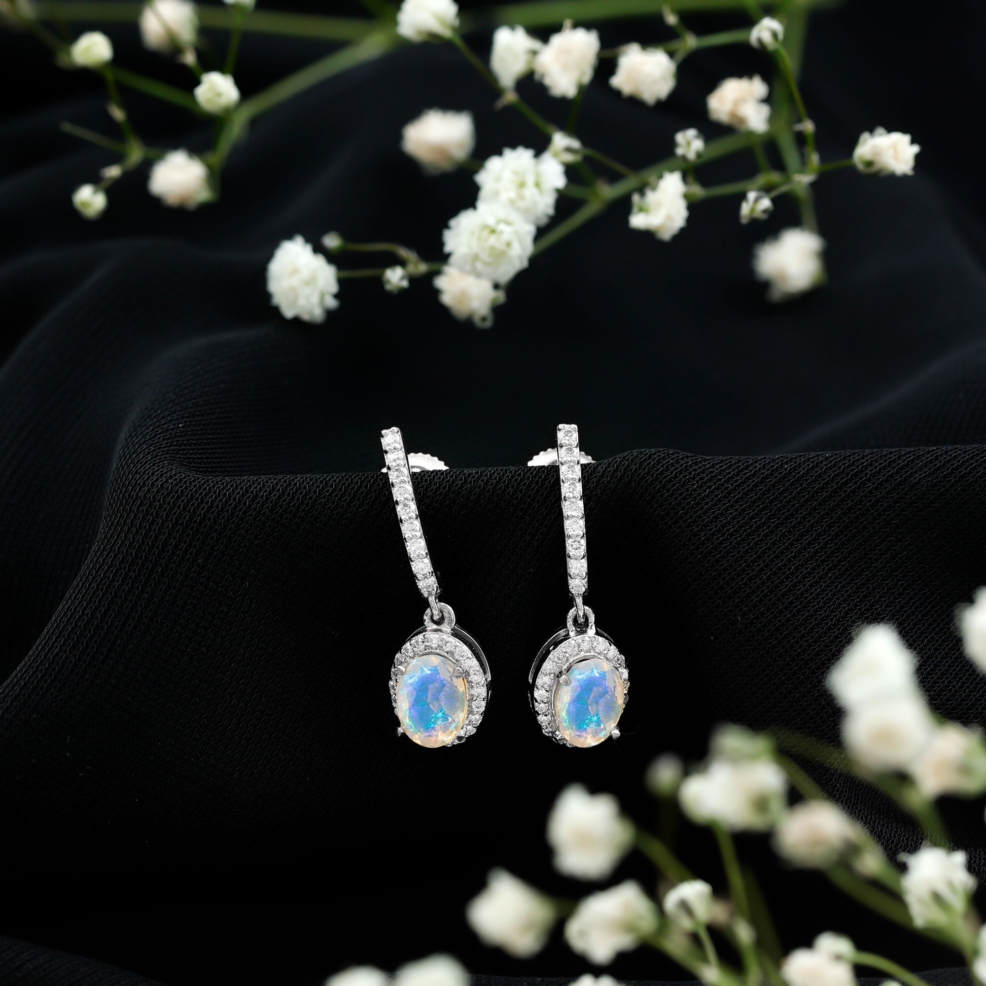 Natural Ethiopian Opal Hoop Drop Earrings with Moissanite