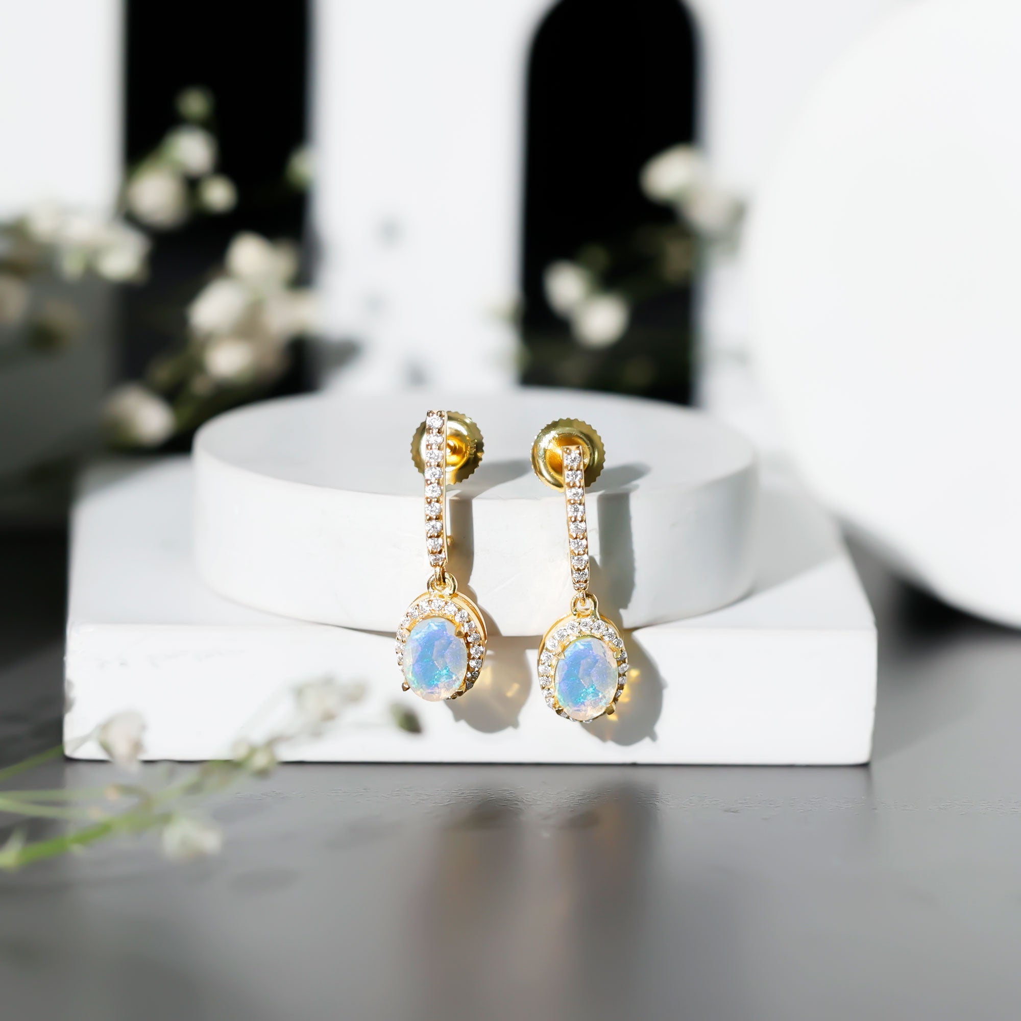 Natural Ethiopian Opal Hoop Drop Earrings with Moissanite