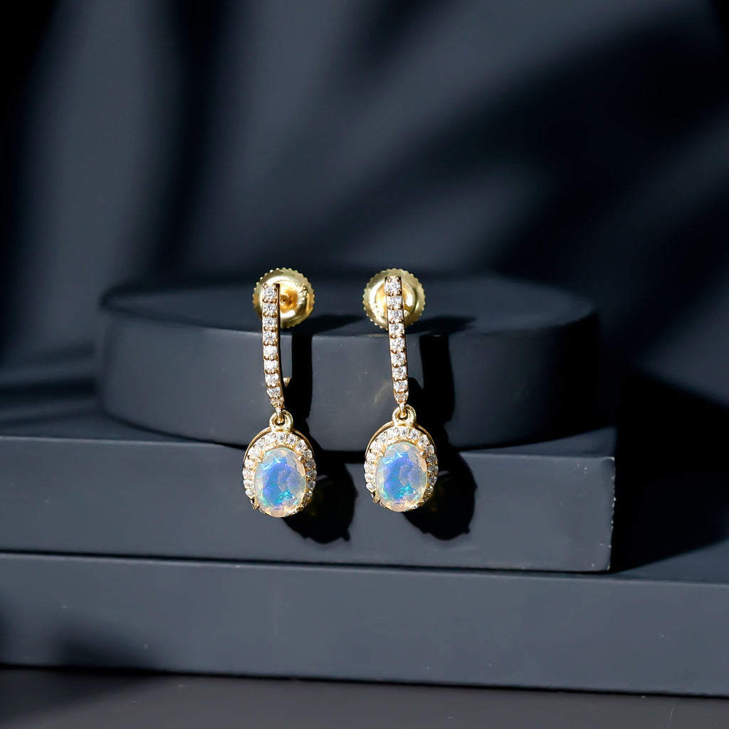 Natural Ethiopian Opal Hoop Drop Earrings with Moissanite