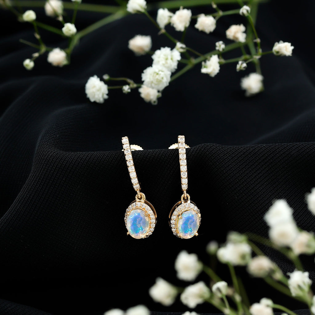 Natural Ethiopian Opal Hoop Drop Earrings with Moissanite