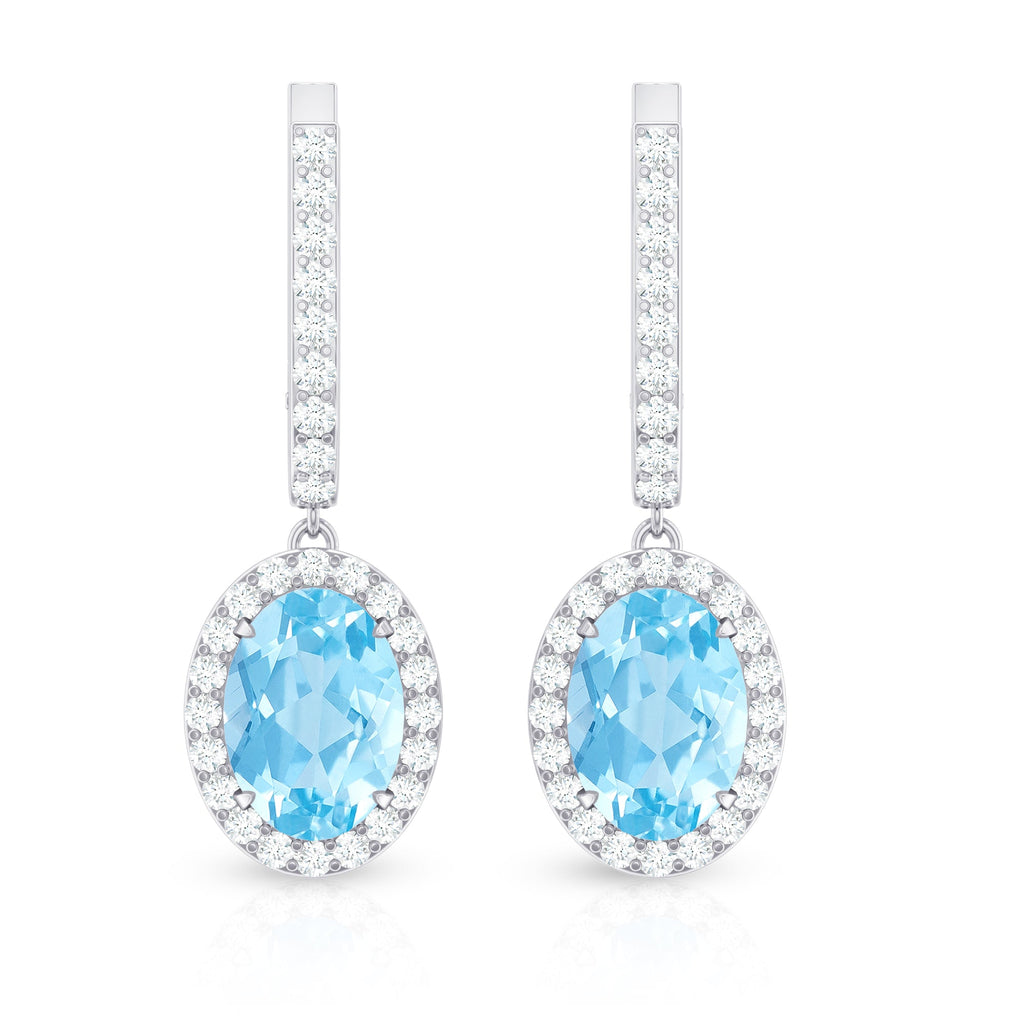 Natural 6X8mm Oval Aquamarine Drop Earrings with Diamond Halo