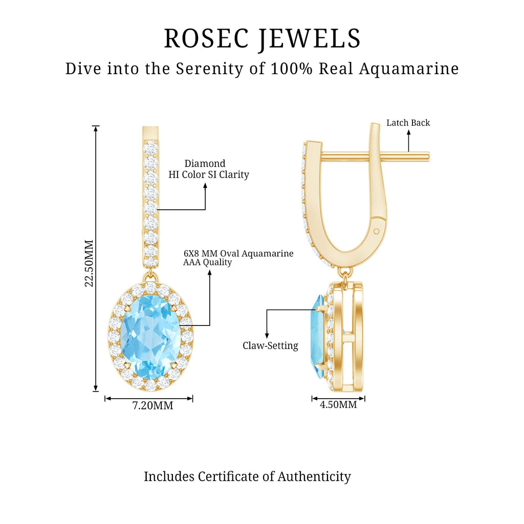 Natural 6X8mm Oval Aquamarine Drop Earrings with Diamond Halo