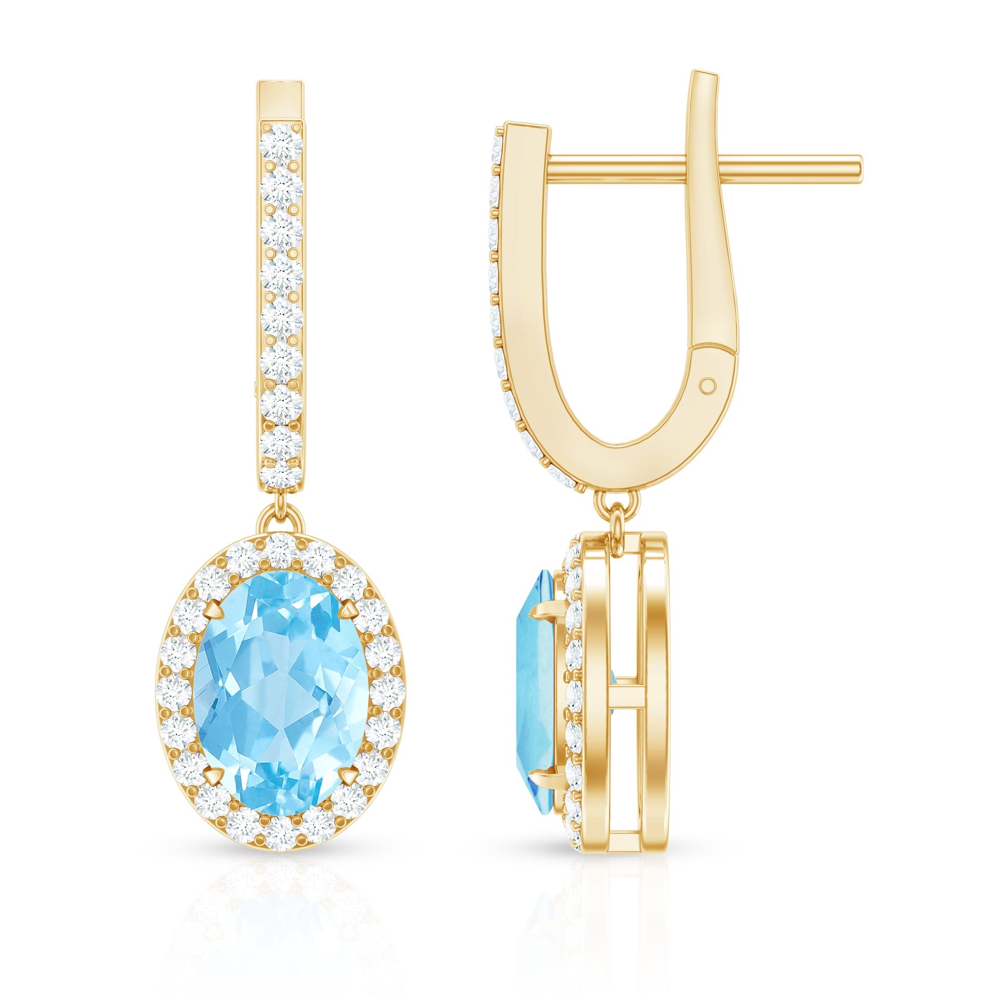 Natural 6X8mm Oval Aquamarine Drop Earrings with Diamond Halo
