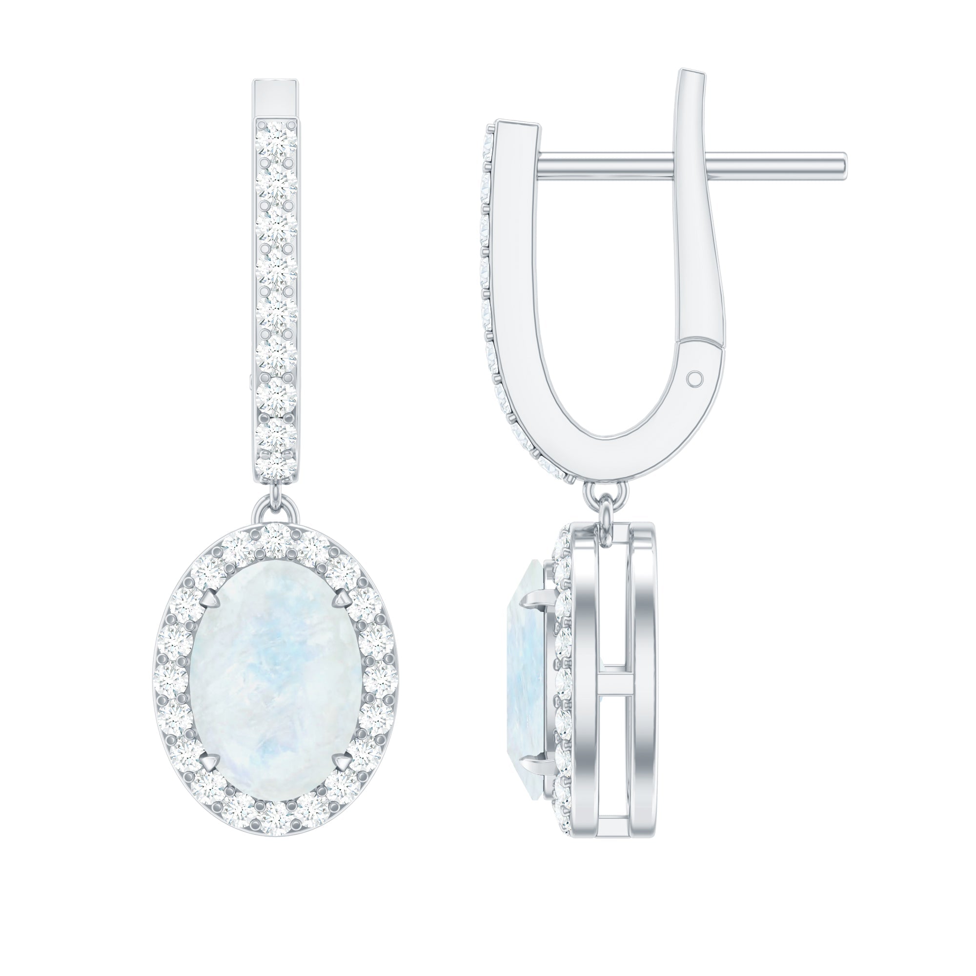 Genuine 1.2 Carat Oval Moonstone Drop Hoop Earrings with Diamond