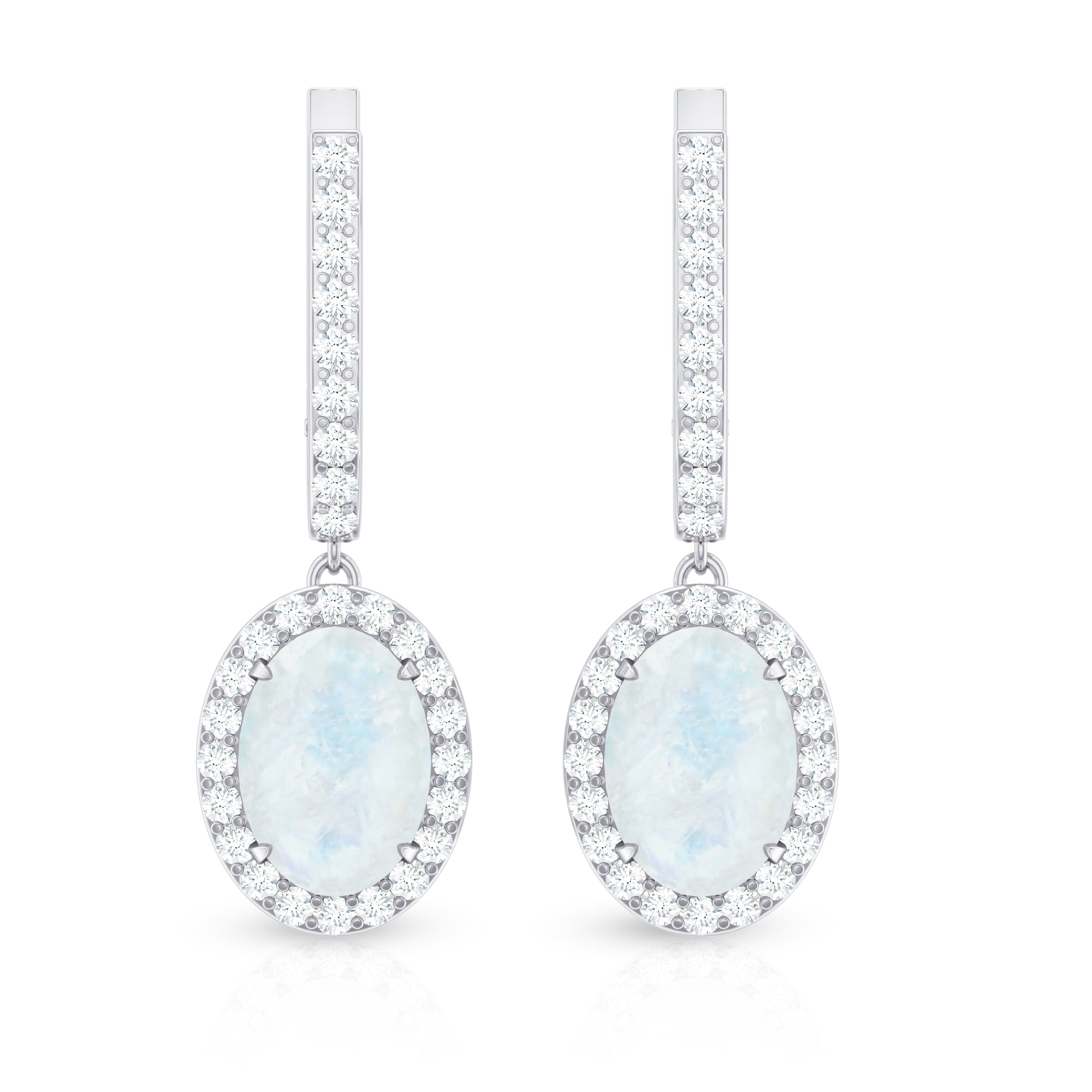 Genuine 1.2 Carat Oval Moonstone Drop Hoop Earrings with Diamond