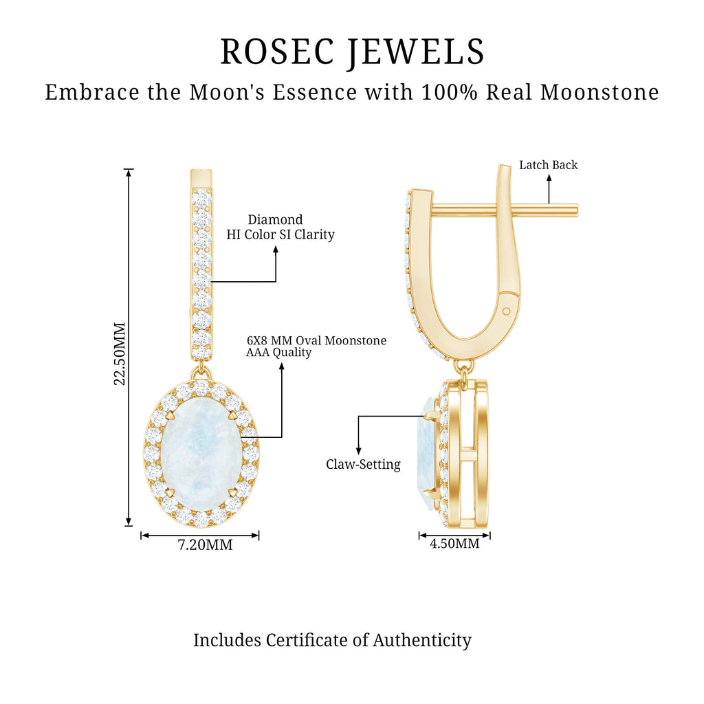 Genuine 1.2 Carat Oval Moonstone Drop Hoop Earrings with Diamond