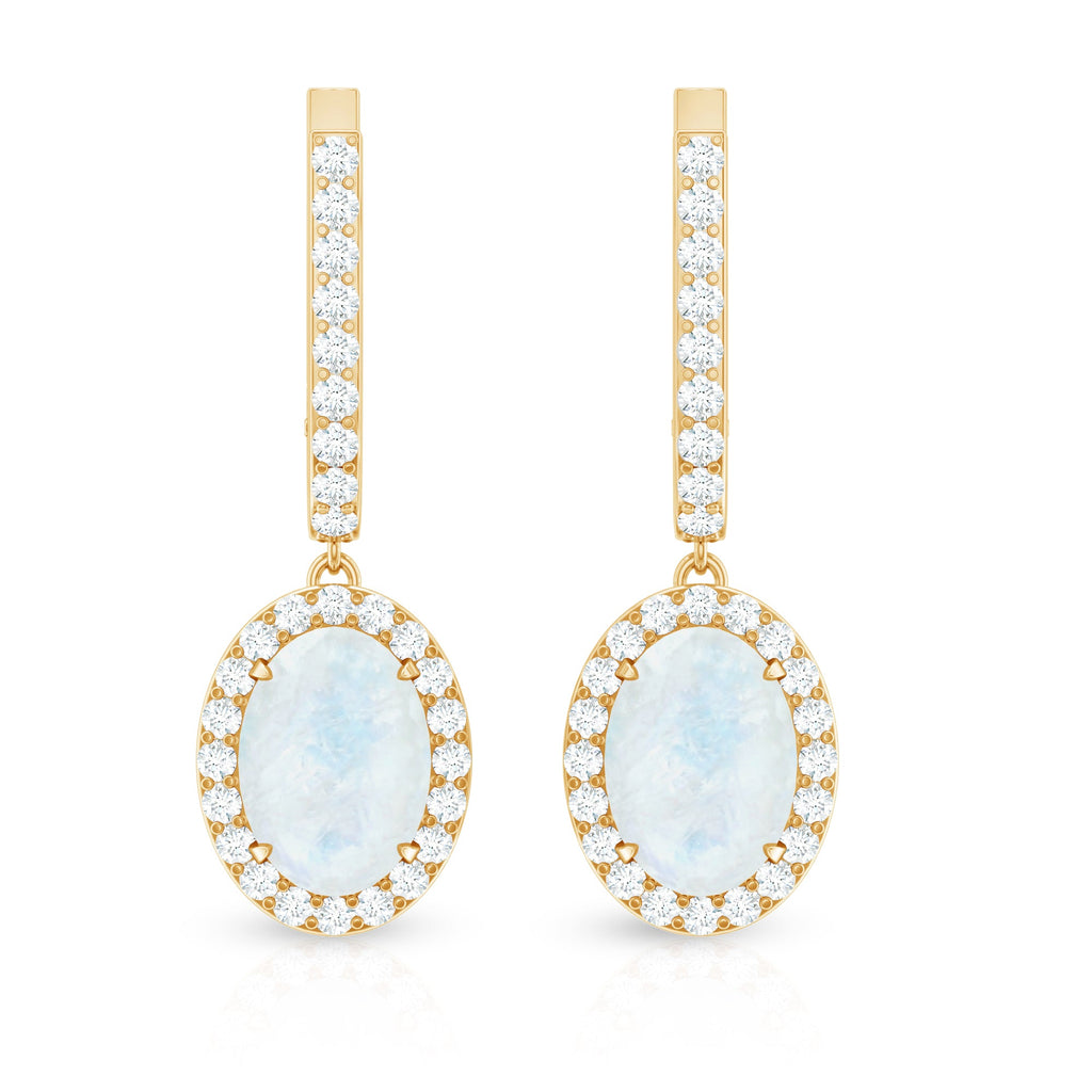 Genuine 1.2 Carat Oval Moonstone Drop Hoop Earrings with Diamond
