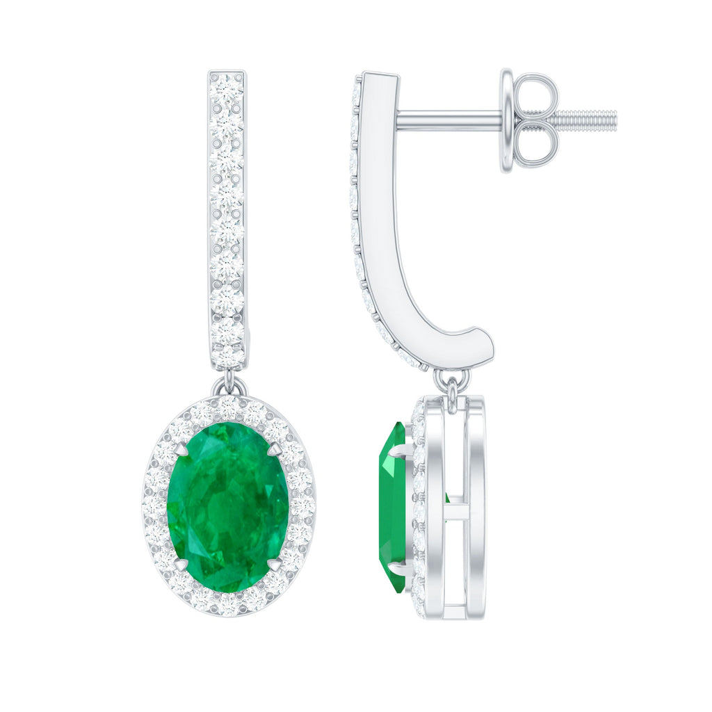 Oval Shape Emerald Hoop Drop Earrings with Diamond Halo