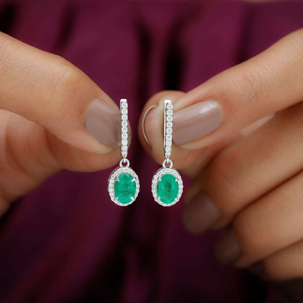 Oval Shape Emerald Hoop Drop Earrings with Diamond Halo