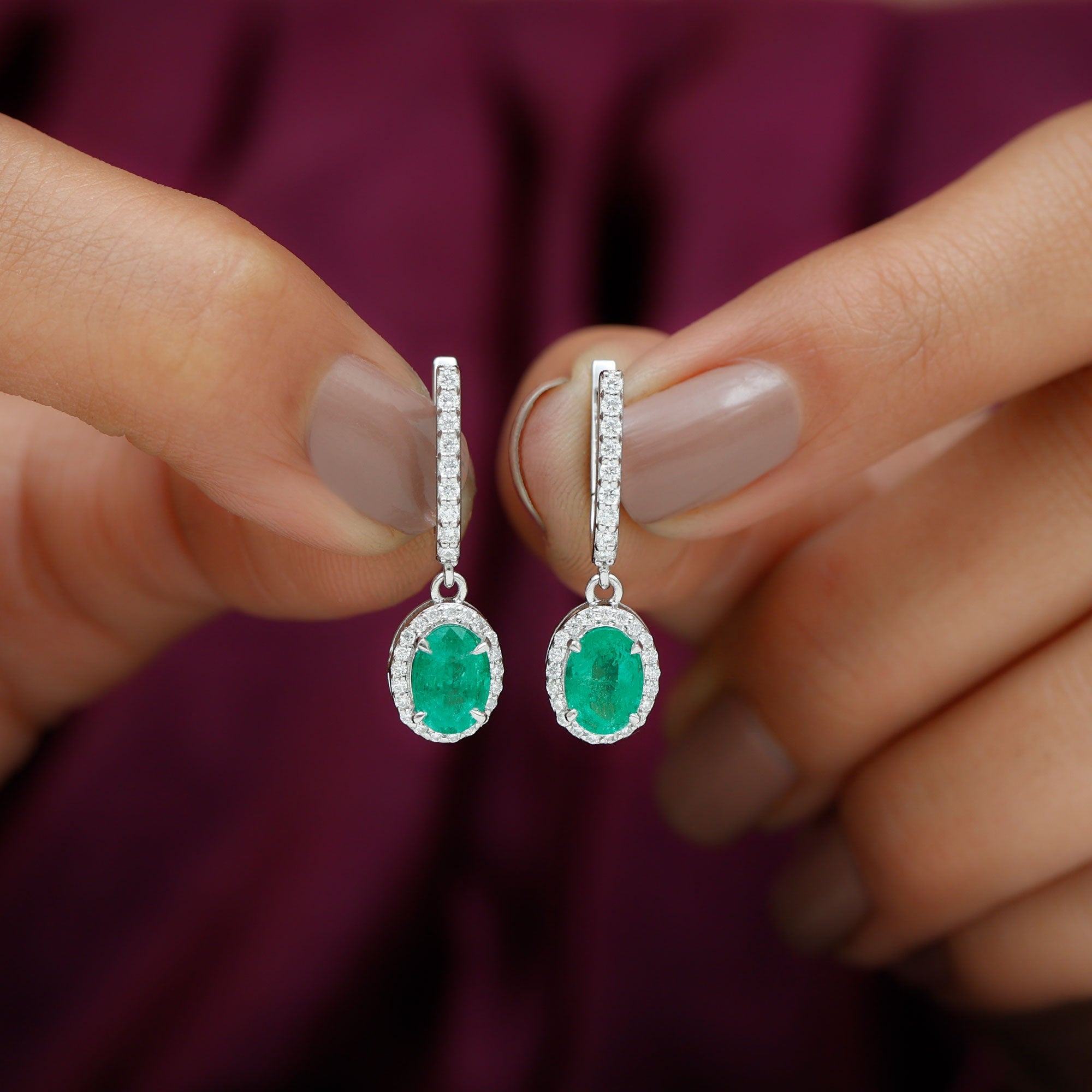 Oval Shape Emerald Hoop Drop Earrings with Diamond Halo