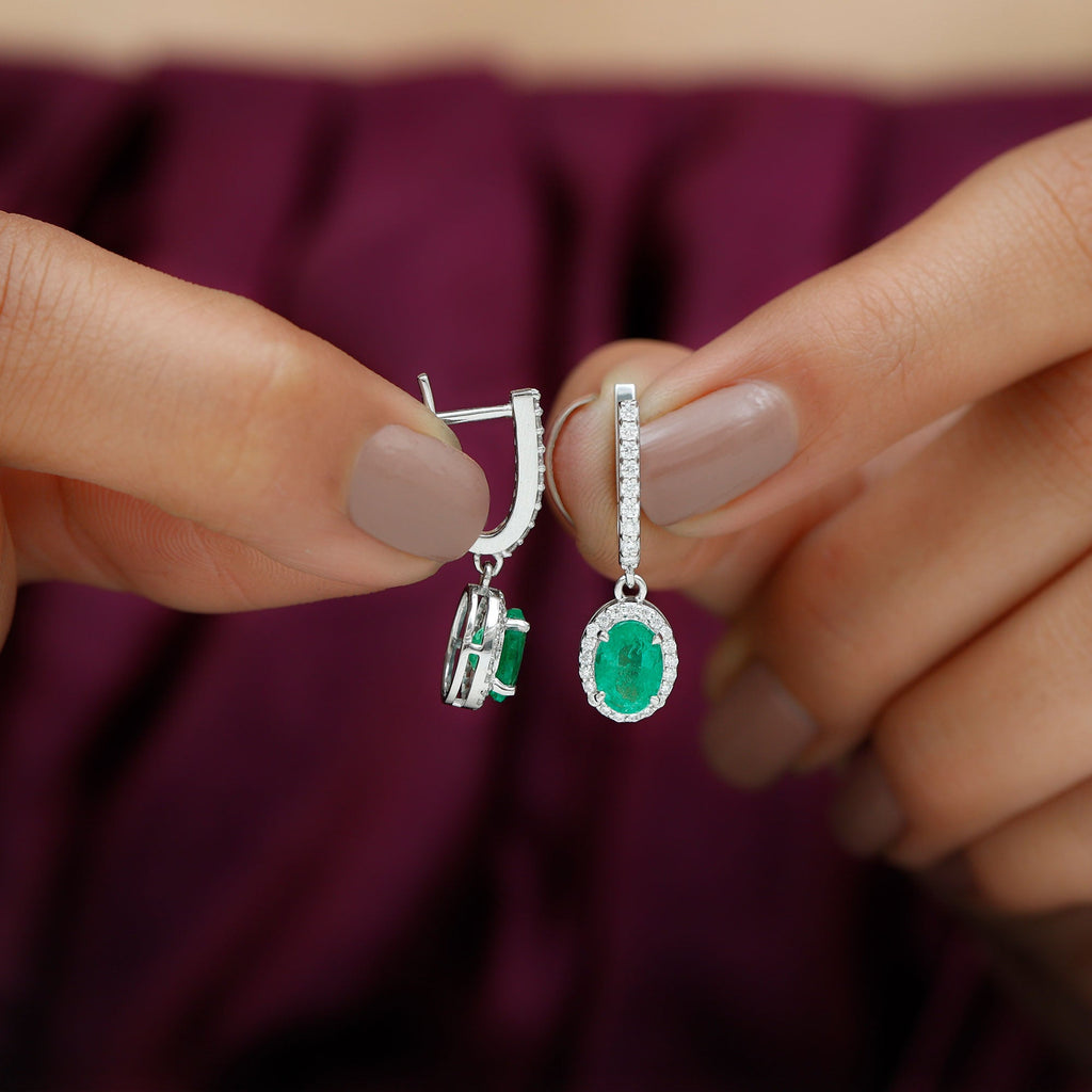Oval Shape Emerald Hoop Drop Earrings with Diamond Halo