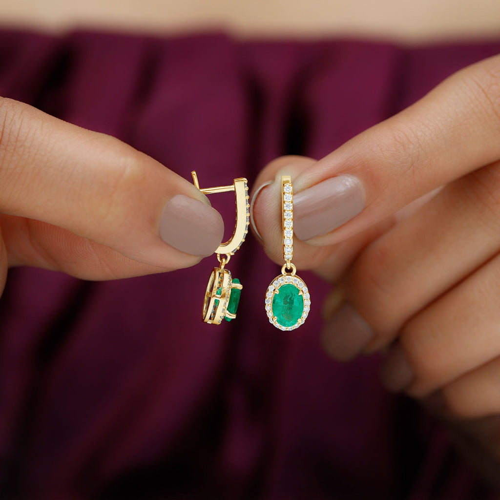 Oval Shape Emerald Hoop Drop Earrings with Diamond Halo